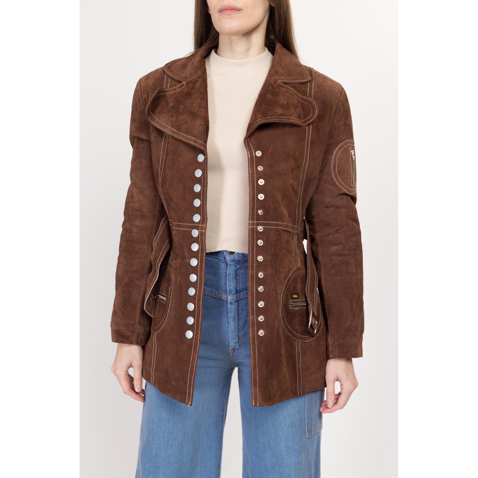 XS 70s Style Brown Suede Belted Jacket | Y2K Vintage Retro Snap Up Boho Mod Short Coat