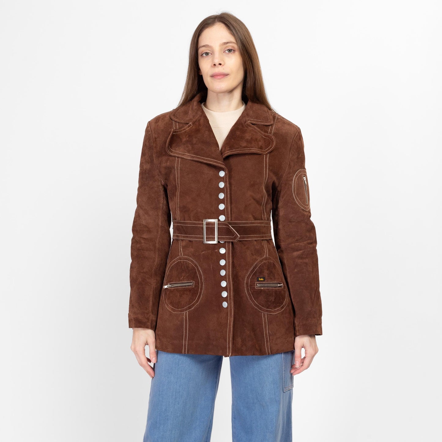 XS 70s Style Brown Suede Belted Jacket | Y2K Vintage Retro Snap Up Boho Mod Short Coat