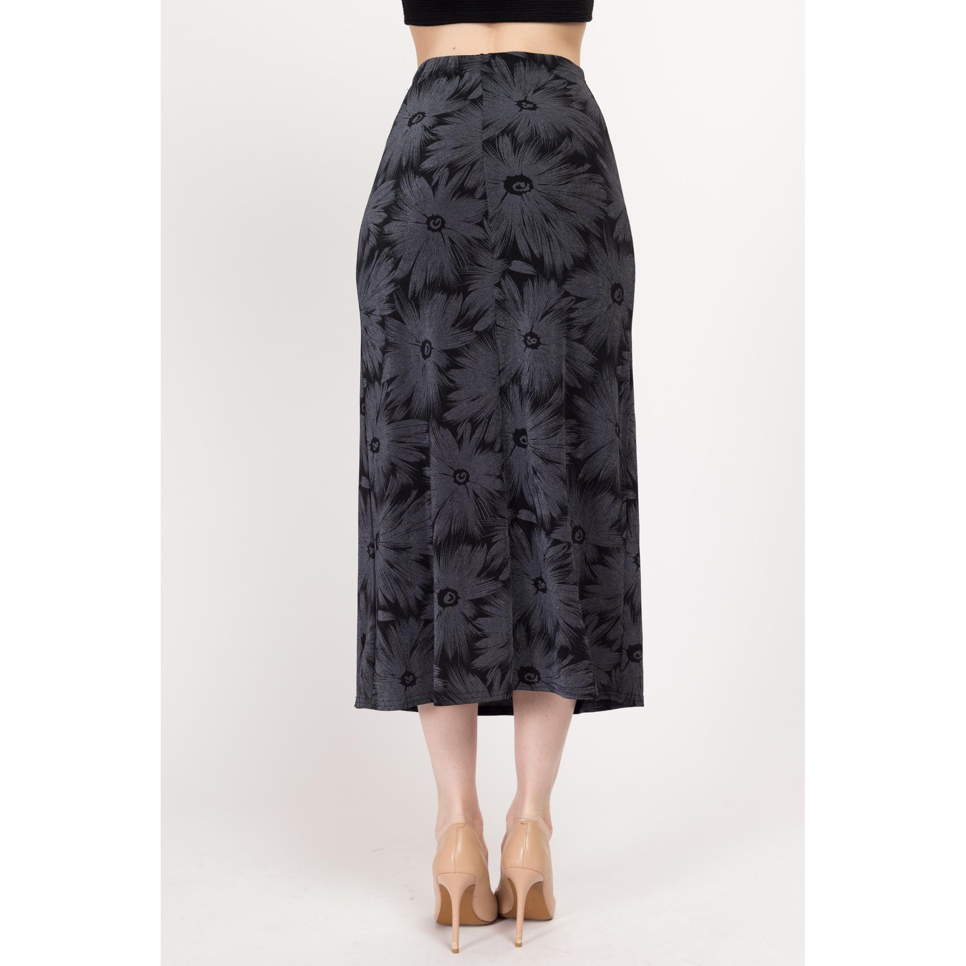 Small 90s Slinky Black & Grey Floral Midi Skirt | Vintage Grunge High Waisted Stretchy Ankle Length Skirt