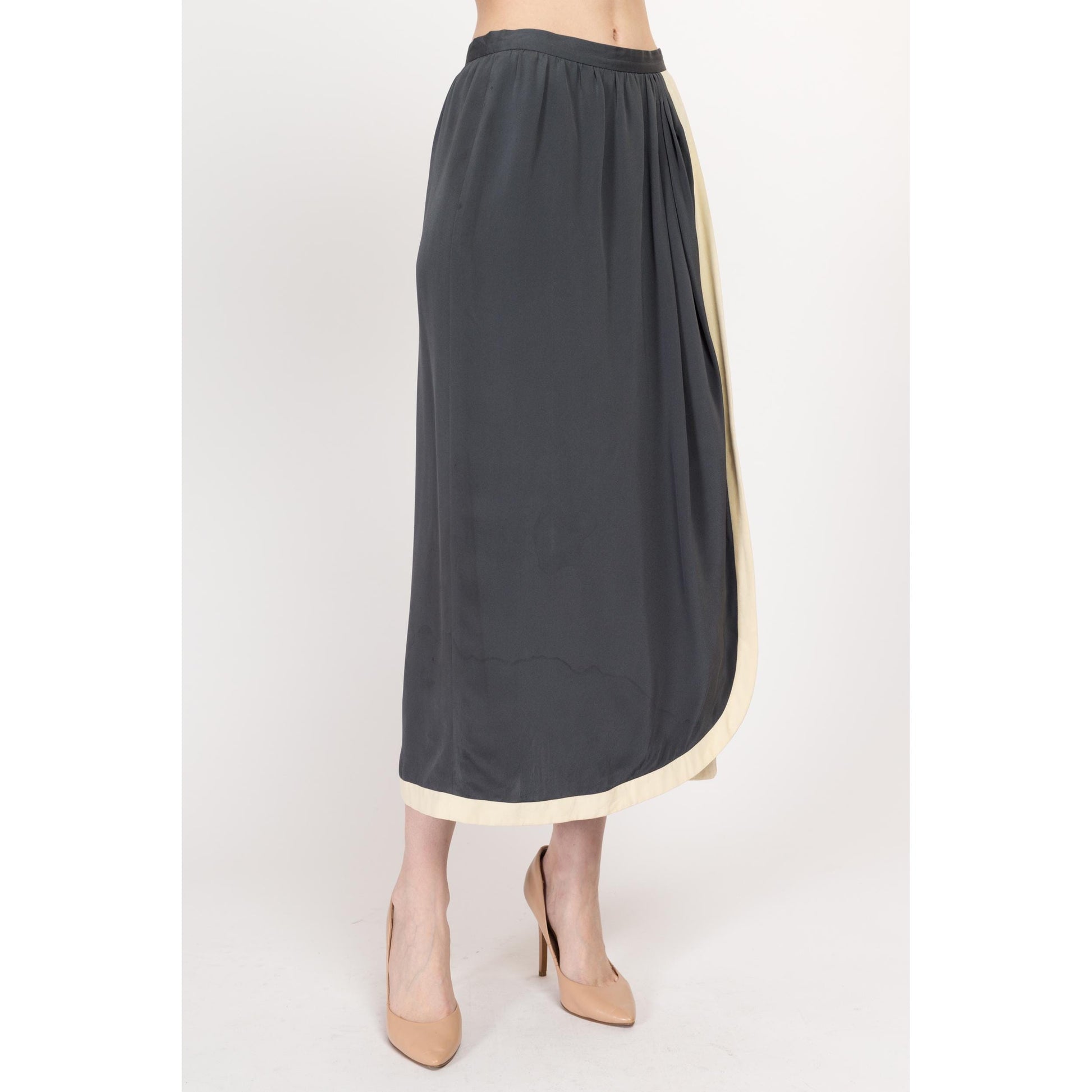 Small 80s Giorgio Armani Grey Silk Midi Wrap Skirt, As Is | Vintage High Waisted Designer Skirt