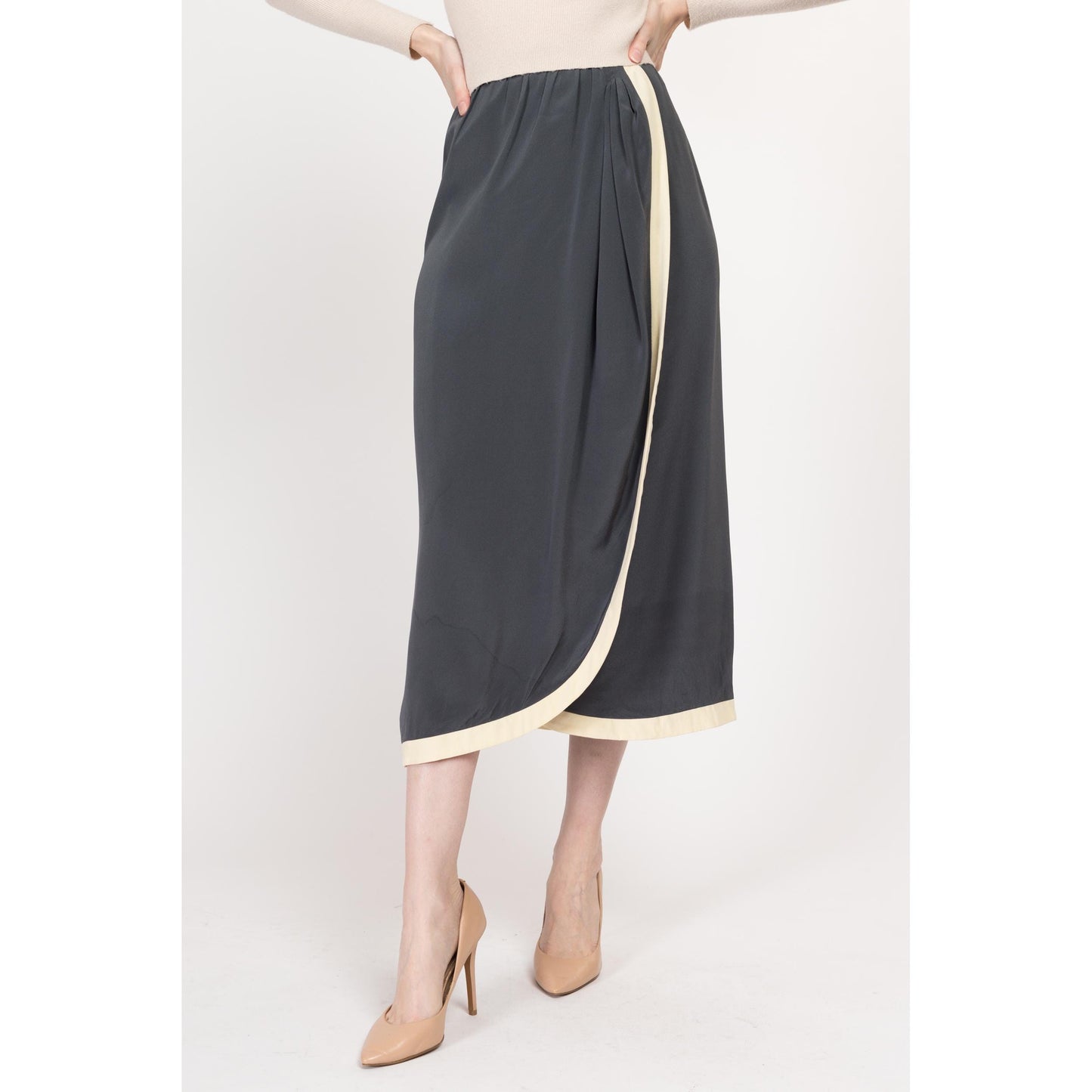 Small 80s Giorgio Armani Grey Silk Midi Wrap Skirt, As Is | Vintage High Waisted Designer Skirt