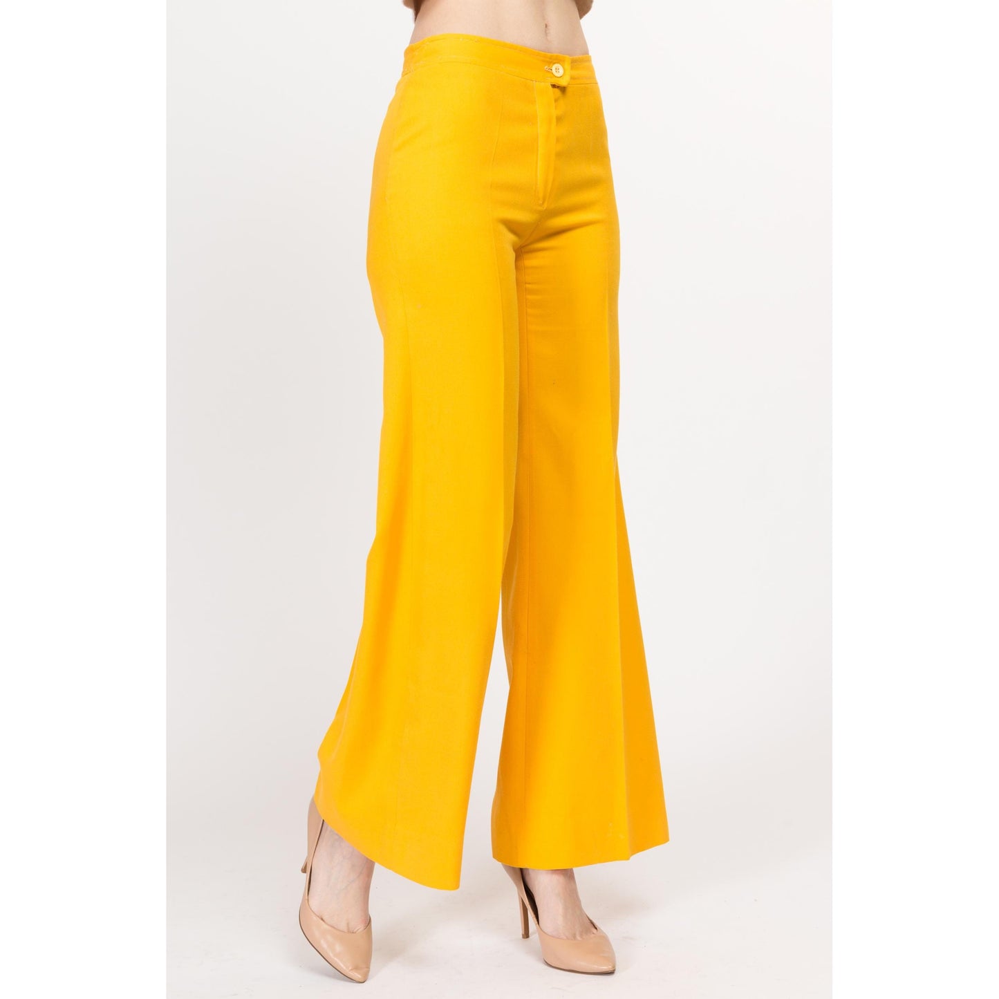 XS 70s Bright Yellow Flared Pants | Retro Vintage Mid High Rise Flares Disco Trousers