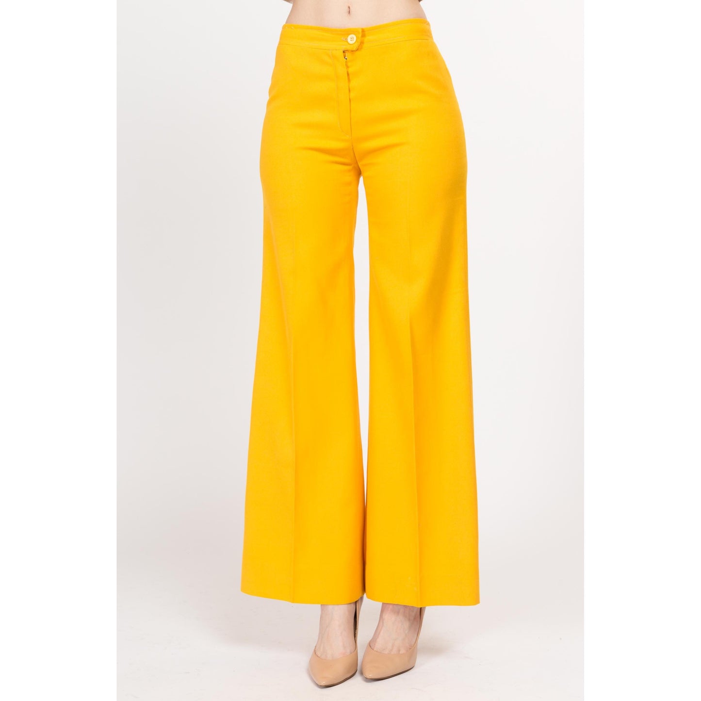 XS 70s Bright Yellow Flared Pants | Retro Vintage Mid High Rise Flares Disco Trousers