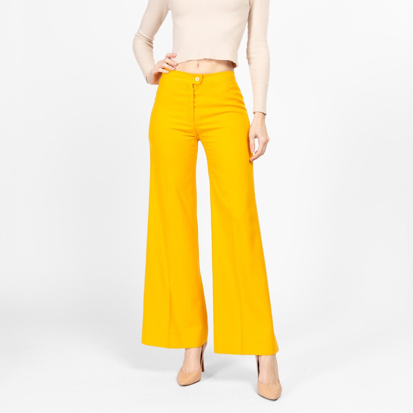 XS 70s Bright Yellow Flared Pants | Retro Vintage Mid High Rise Flares Disco Trousers