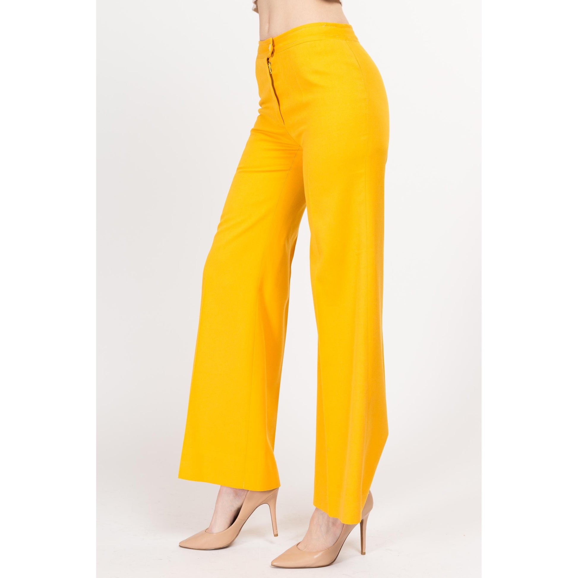 XS 70s Bright Yellow Flared Pants | Retro Vintage Mid High Rise Flares Disco Trousers