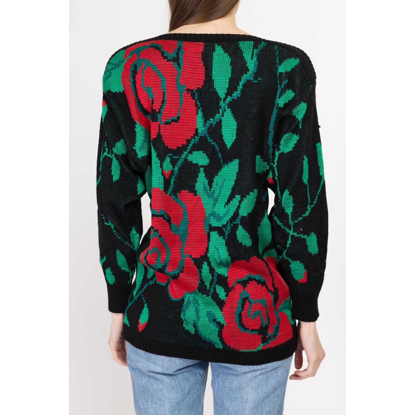 Small 80s Rose Floral Sweater | Vintage Red Black Green Knit Long Pullover