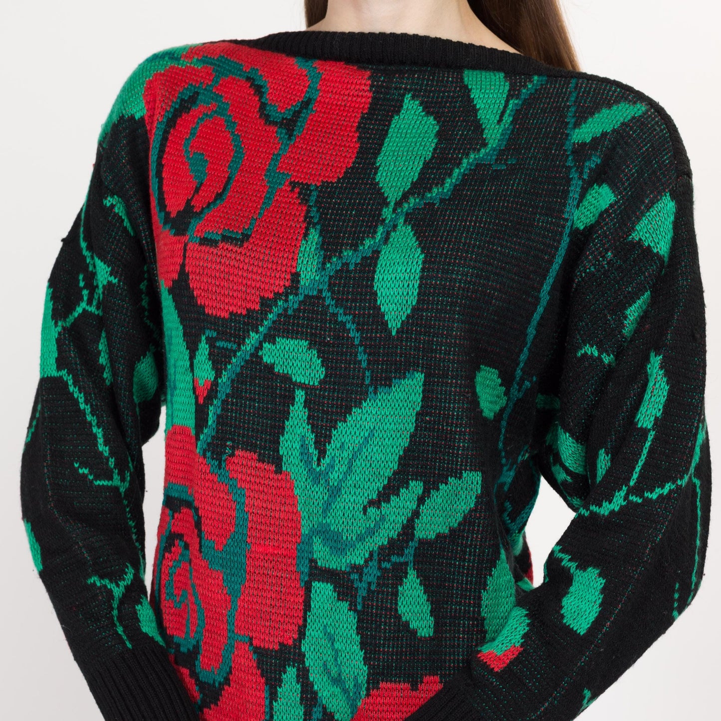 Small 80s Rose Floral Sweater | Vintage Red Black Green Knit Long Pullover