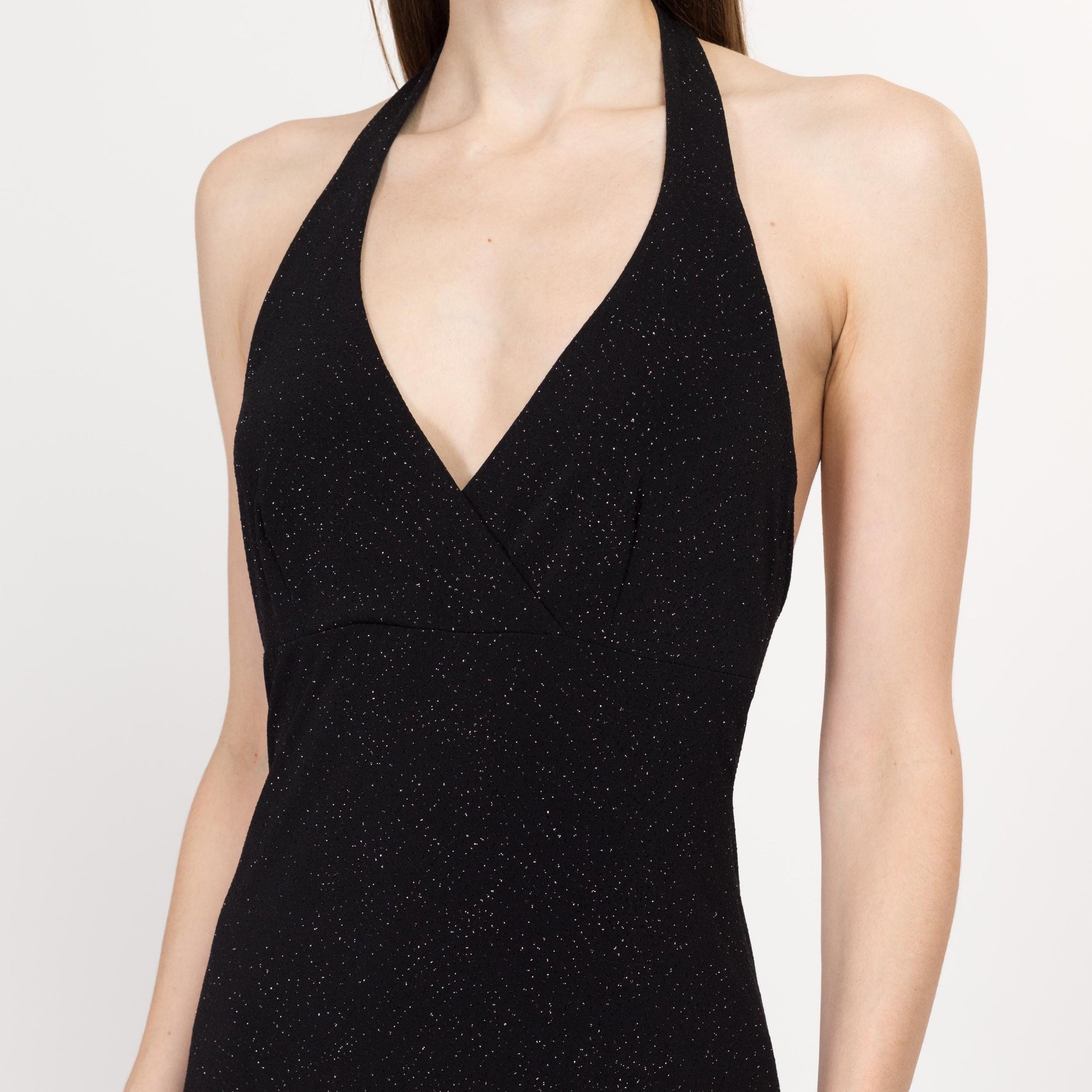 Sm-Med 90s Black Sparkle Halter Party Dress | Vintage City Triangles Sleeveless Sexy Slinky Midi Dress