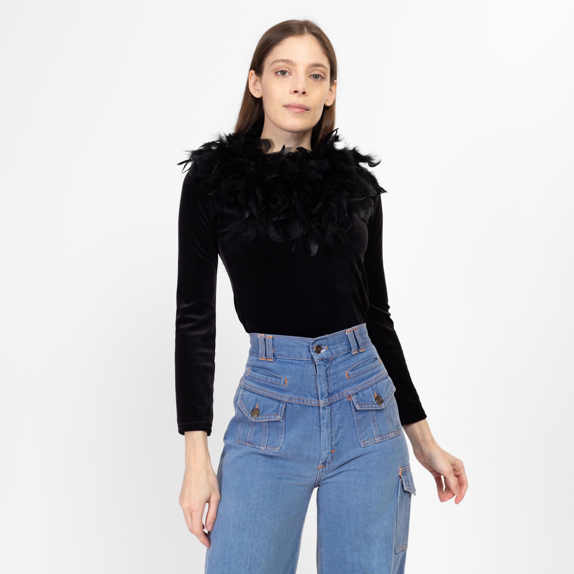 XS 90s Black Velvet Marabou Feather Collar Top | Vintage Maximalist Long Sleeve Blouse