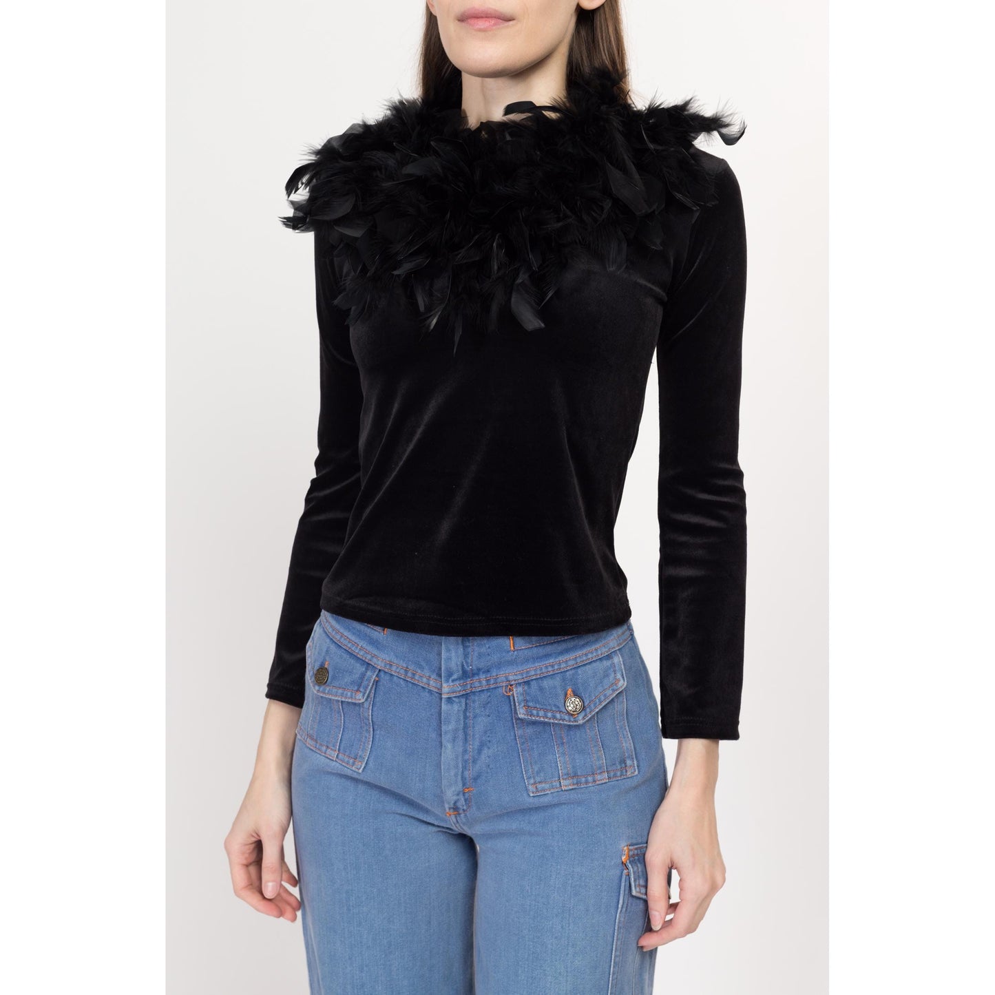 XS 90s Black Velvet Marabou Feather Collar Top | Vintage Maximalist Long Sleeve Blouse