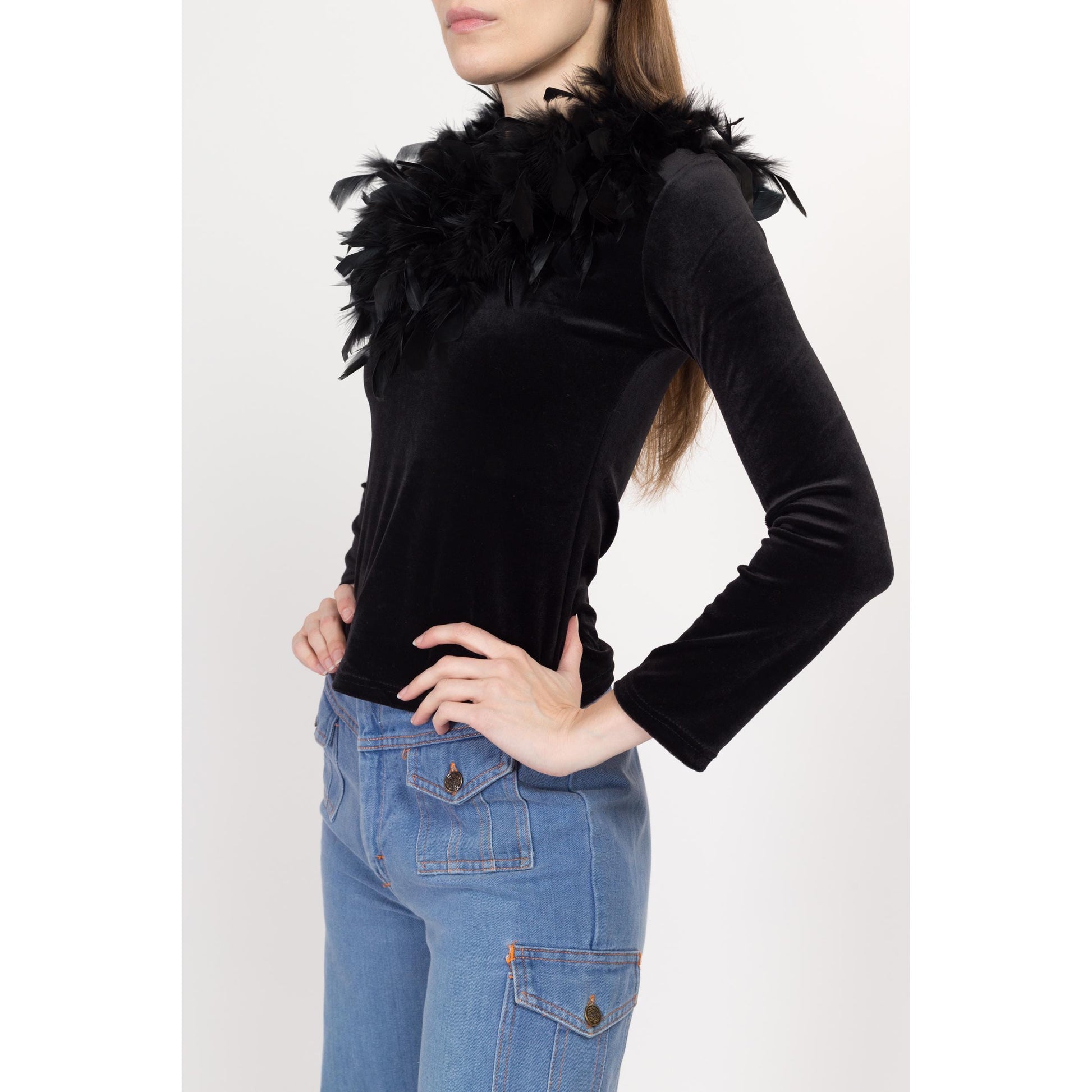 XS 90s Black Velvet Marabou Feather Collar Top | Vintage Maximalist Long Sleeve Blouse