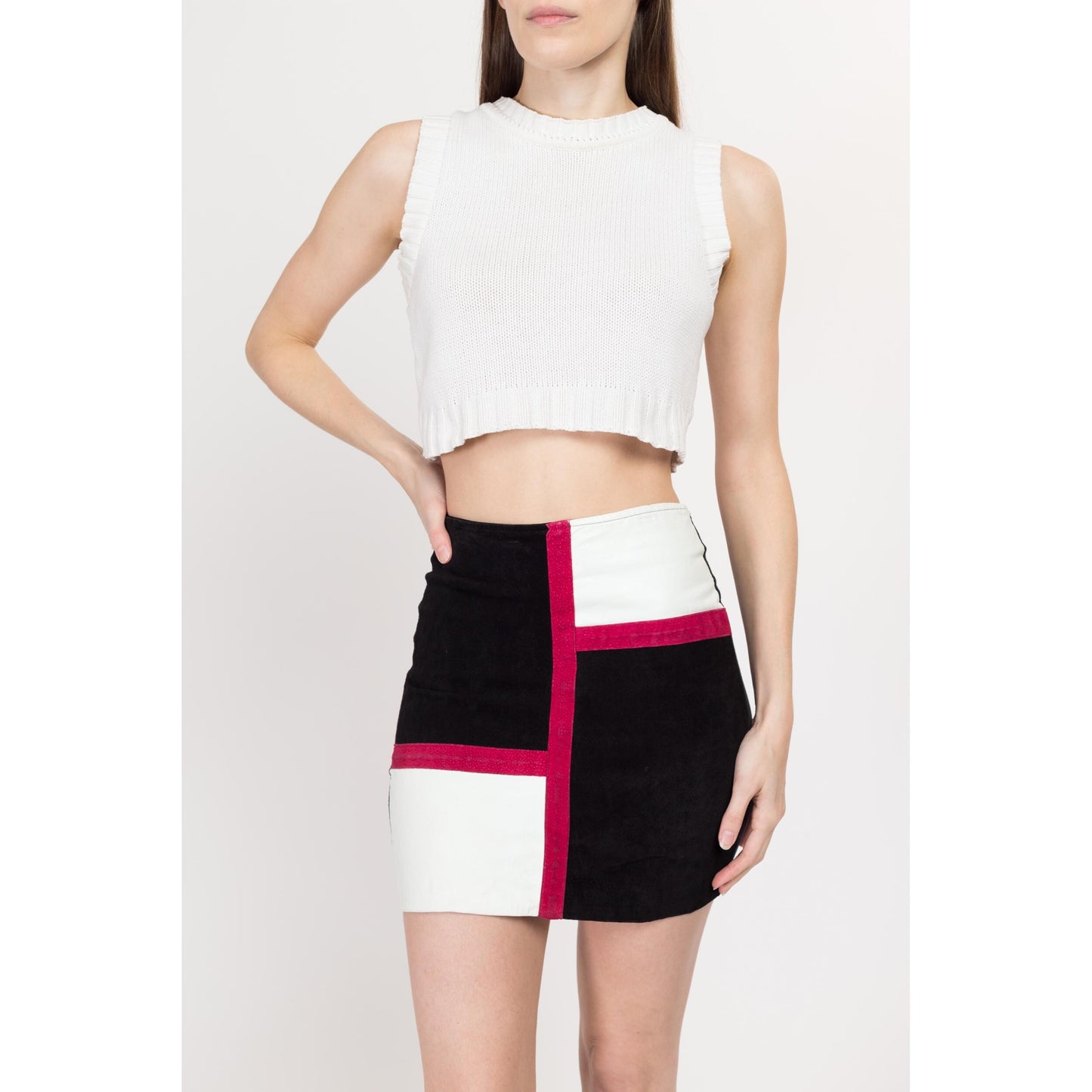 XS 90s Suede Leather Color Block Fitted Mini Skirt | Vintage High Waisted Rocker Pencil Skirt