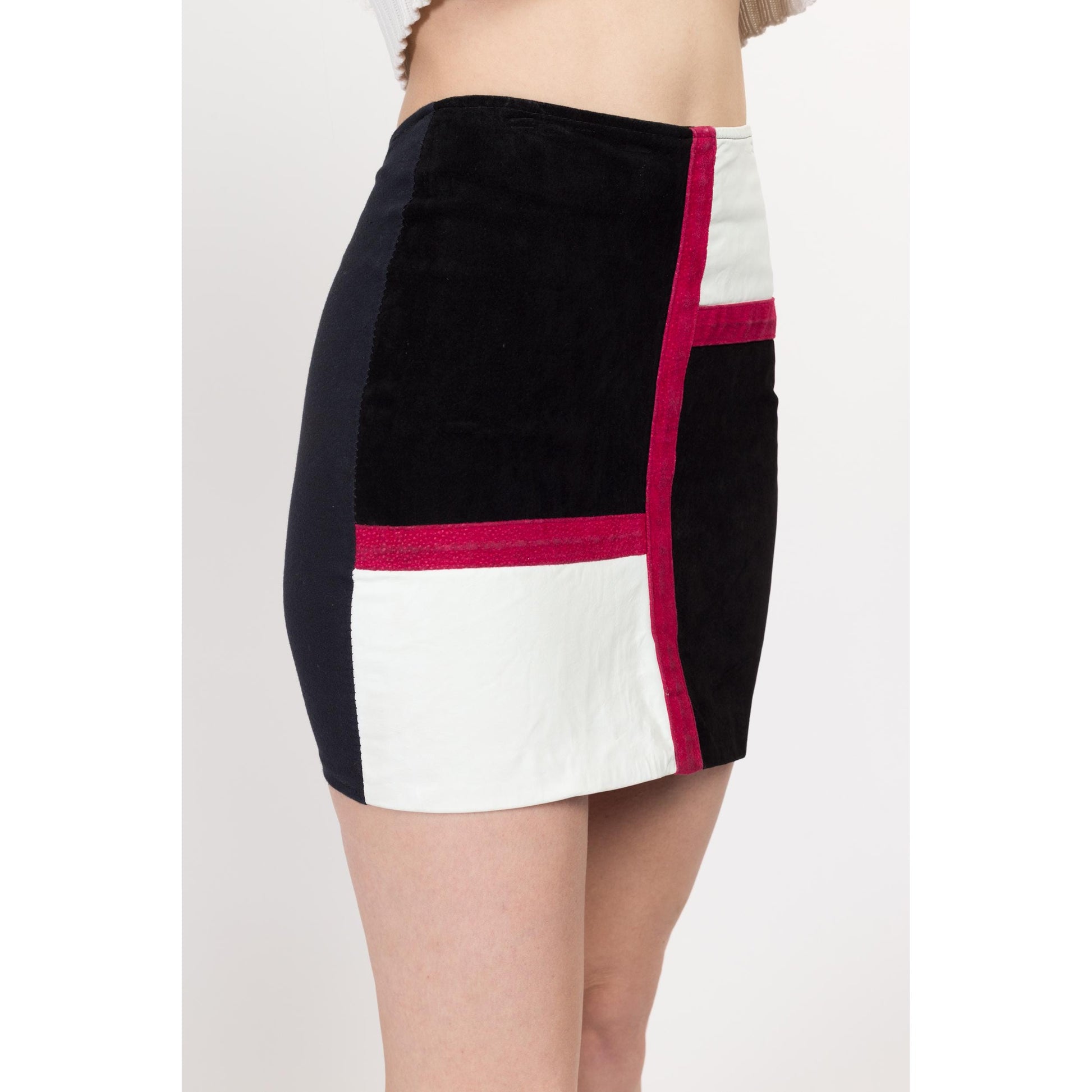 XS 90s Suede Leather Color Block Fitted Mini Skirt | Vintage High Waisted Rocker Pencil Skirt