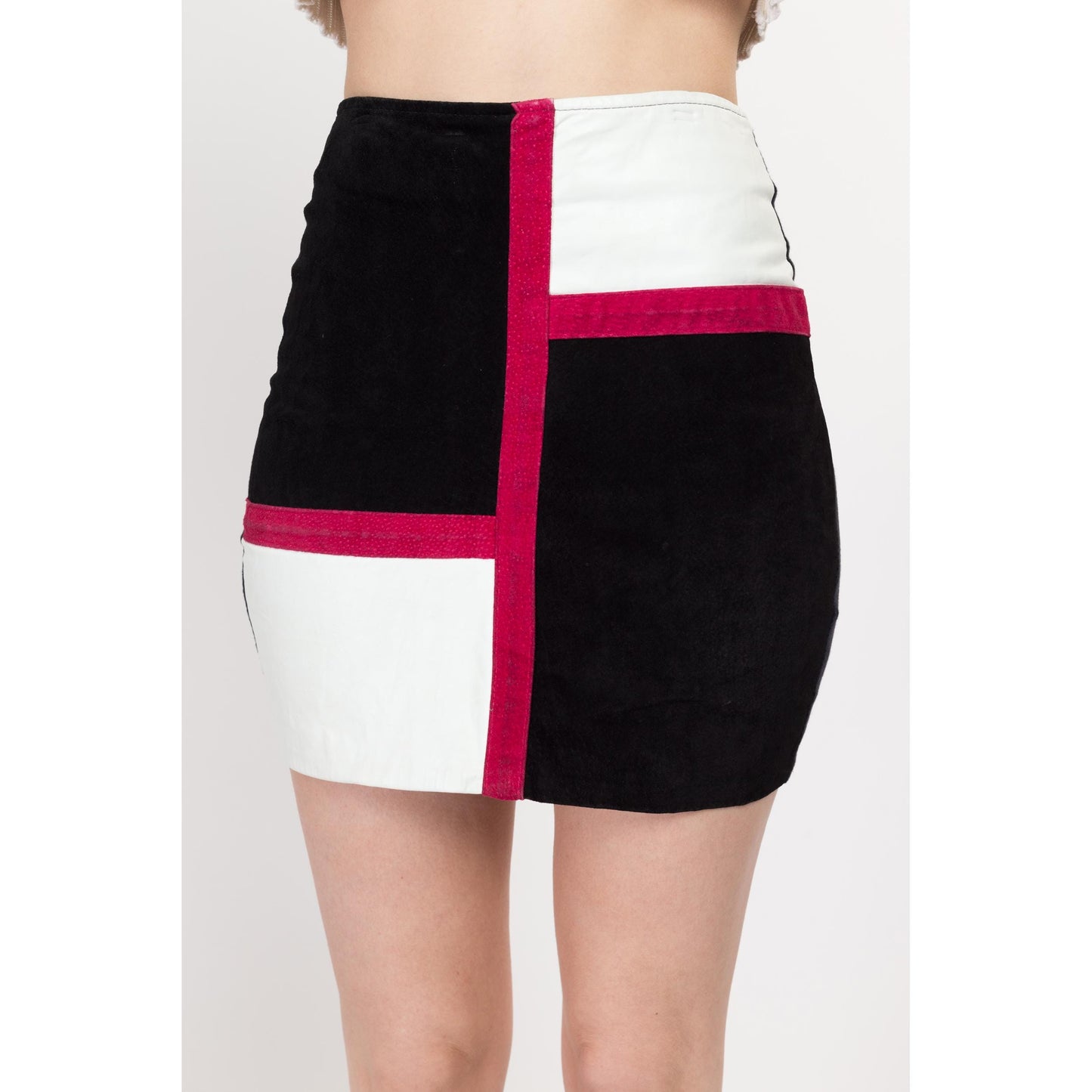 XS 90s Suede Leather Color Block Fitted Mini Skirt | Vintage High Waisted Rocker Pencil Skirt