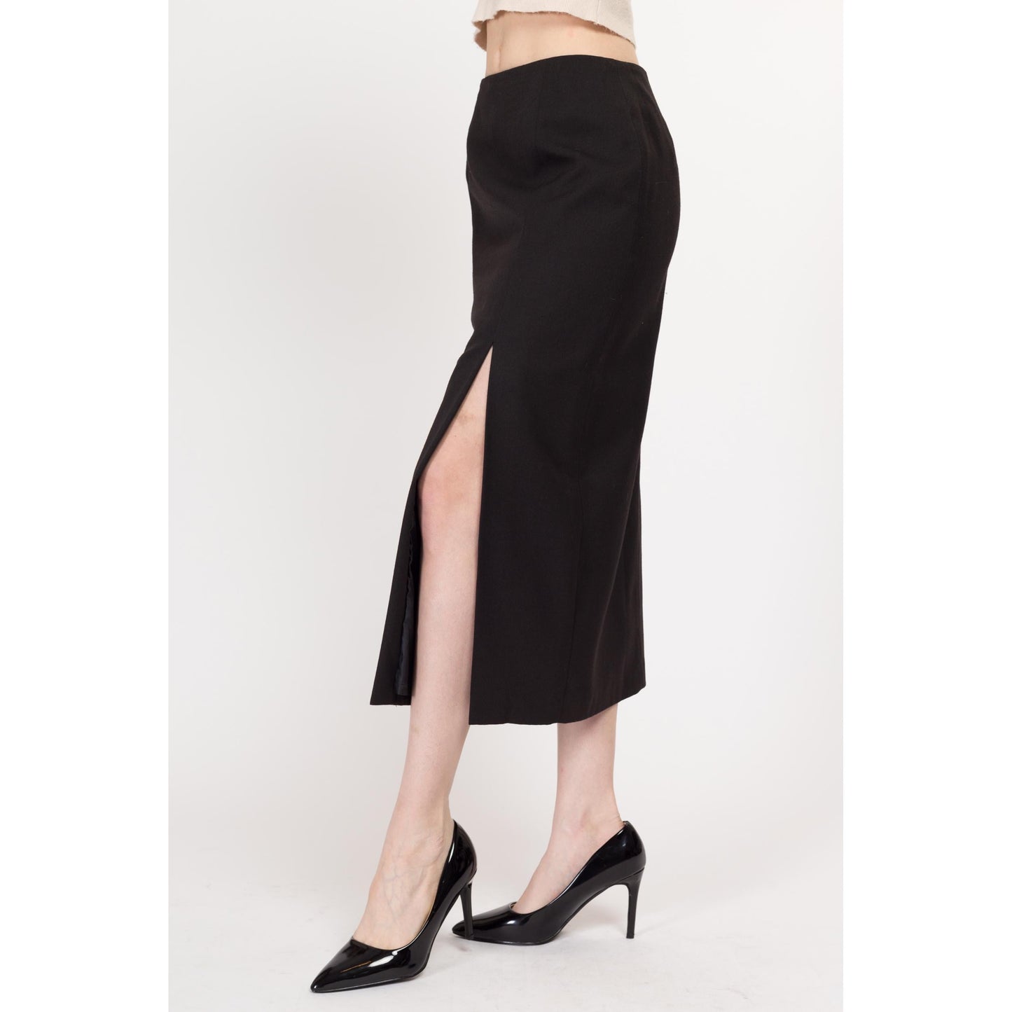 Small 90s Charcoal Black Thigh Slit Midi Skirt Size 6 | Vintage High Waisted Fitted Pencil Skirt