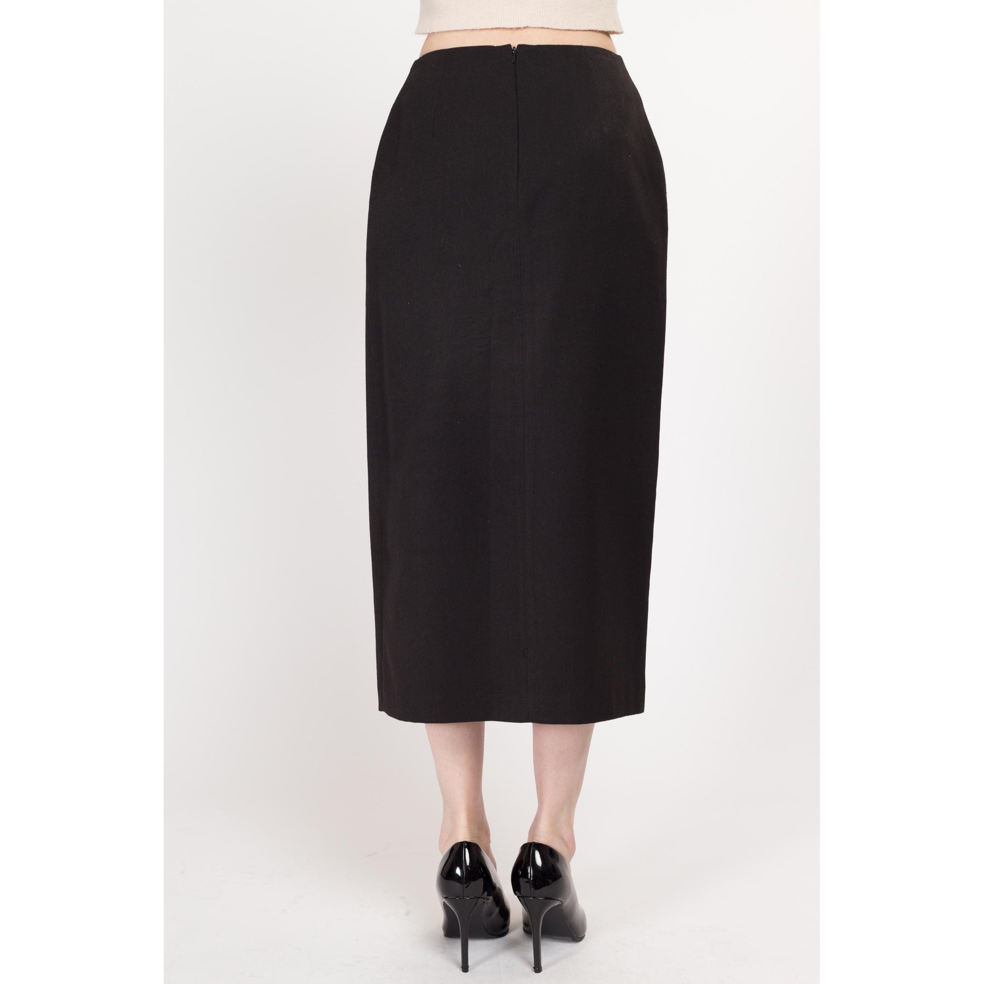 Small 90s Charcoal Black Thigh Slit Midi Skirt Size 6 | Vintage High Waisted Fitted Pencil Skirt