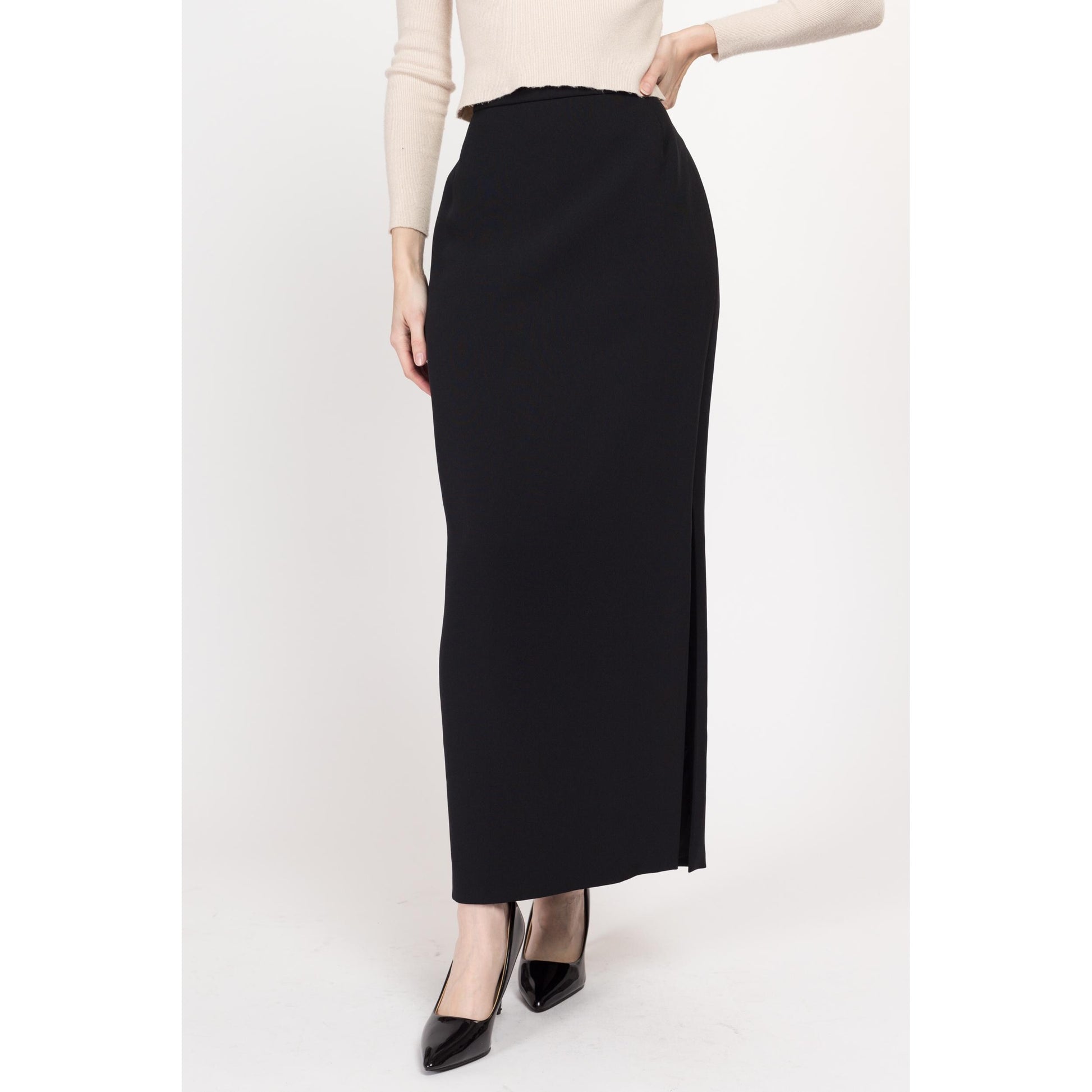 Medium 90s Minimalist Black Maxi Skirt 29" | Vintage Vera Mont High Waisted Formal A Line Skirt