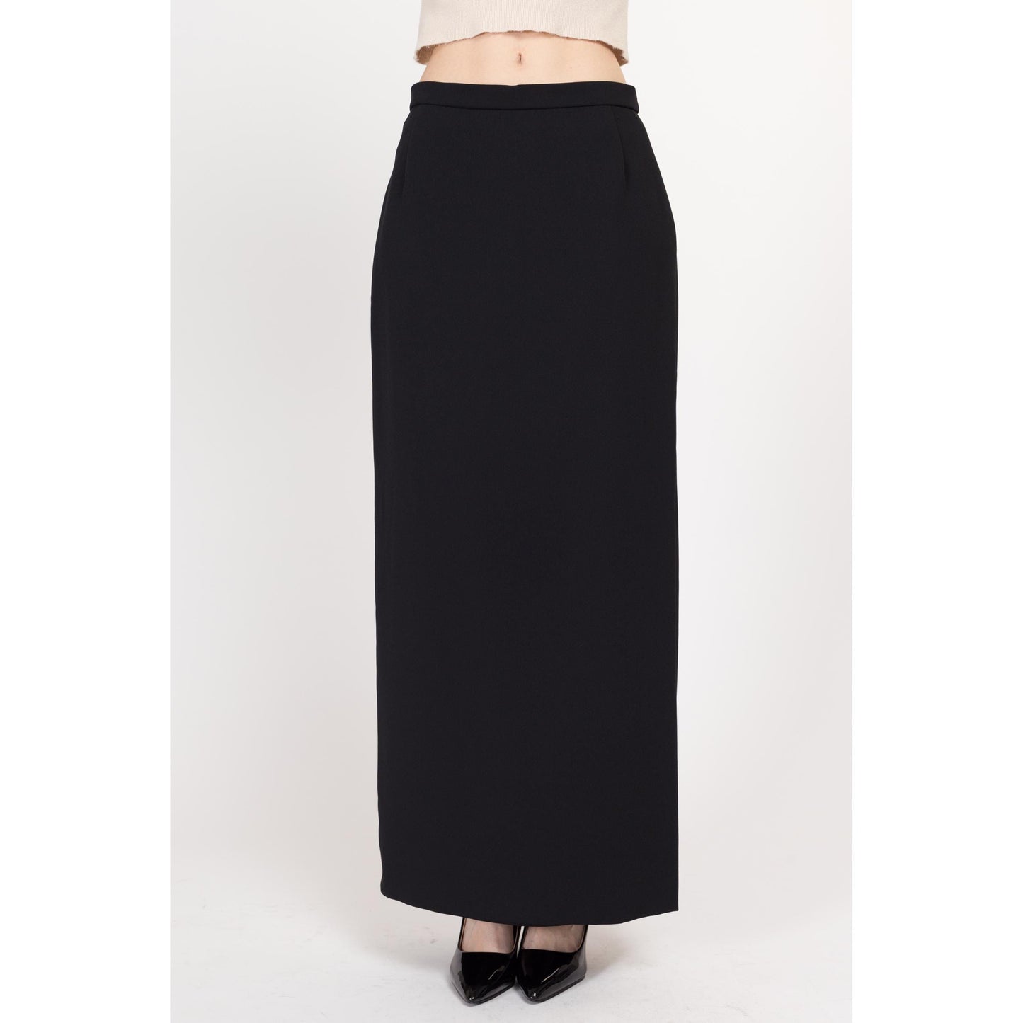 Medium 90s Minimalist Black Maxi Skirt 29" | Vintage Vera Mont High Waisted Formal A Line Skirt