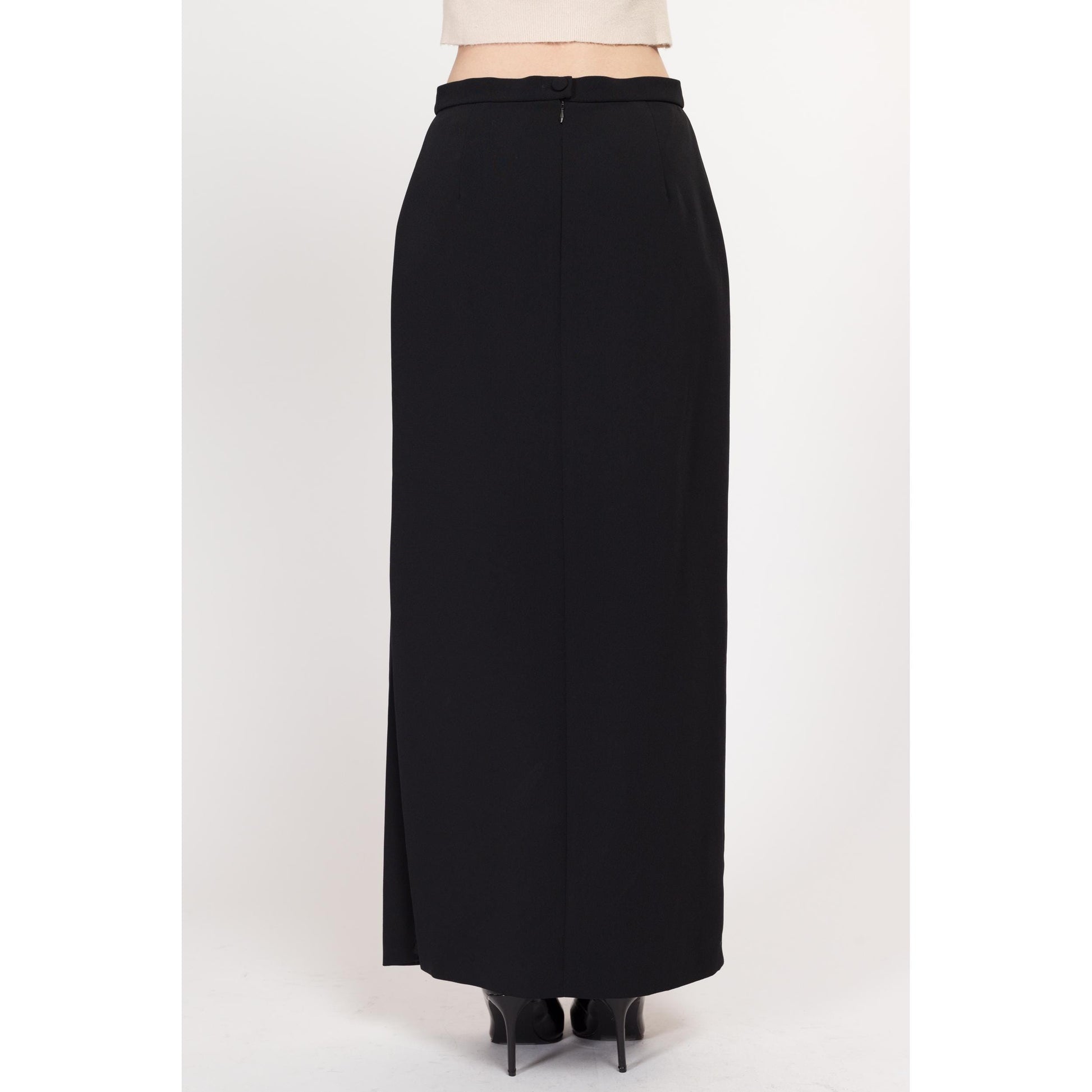 Medium 90s Minimalist Black Maxi Skirt 29" | Vintage Vera Mont High Waisted Formal A Line Skirt