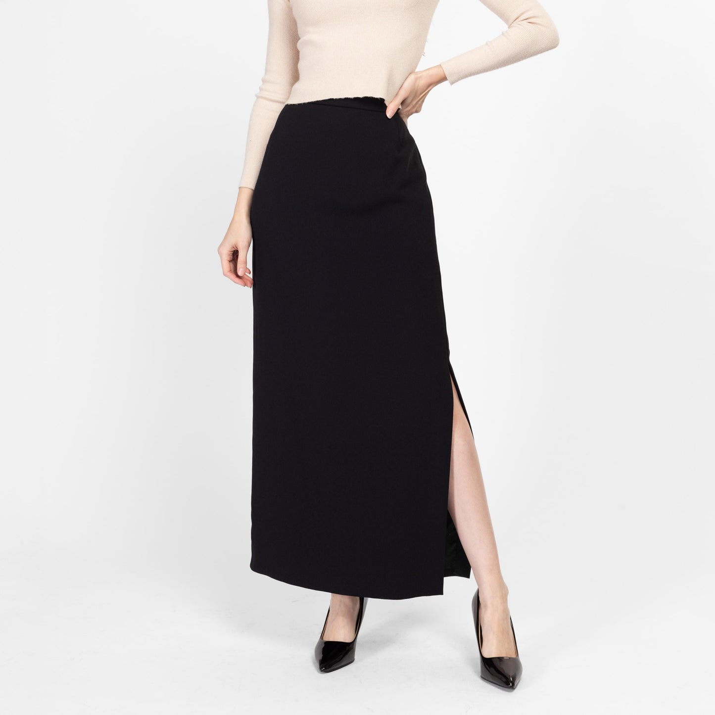 Medium 90s Minimalist Black Maxi Skirt 29" | Vintage Vera Mont High Waisted Formal A Line Skirt