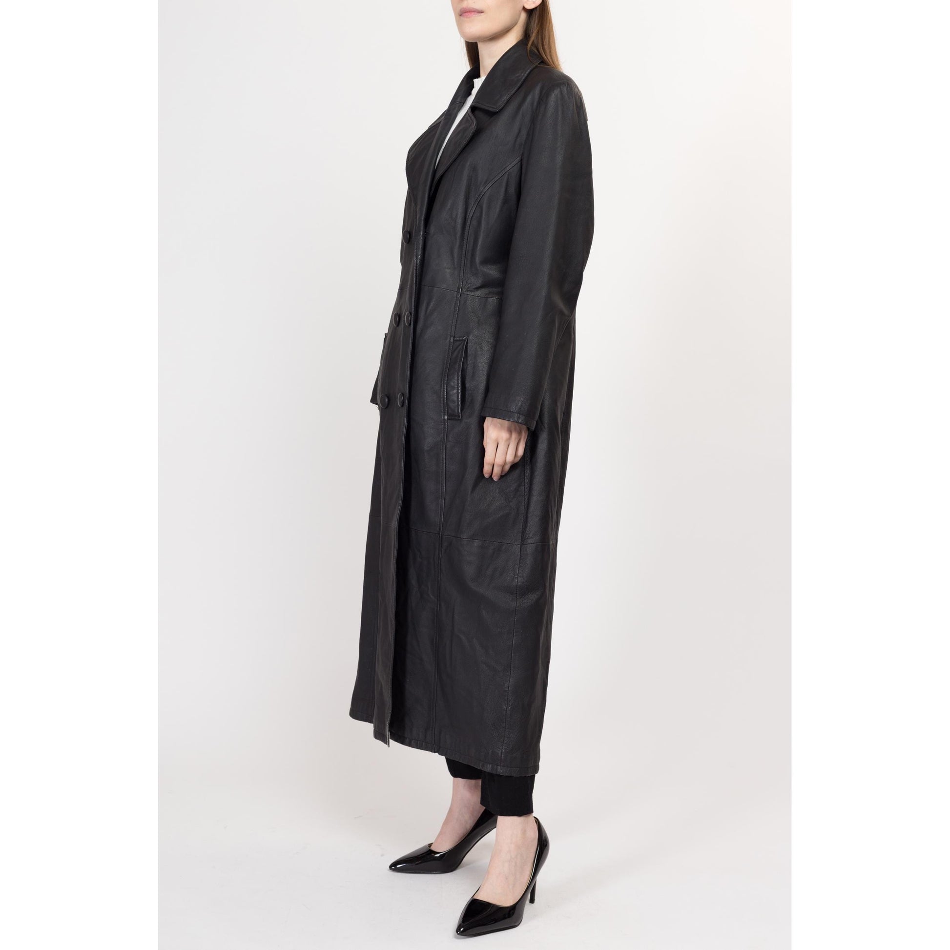 Medium 90s Minimalist Black Leather Maxi Jacket | Vintage Double Breasted Long Trench Coat