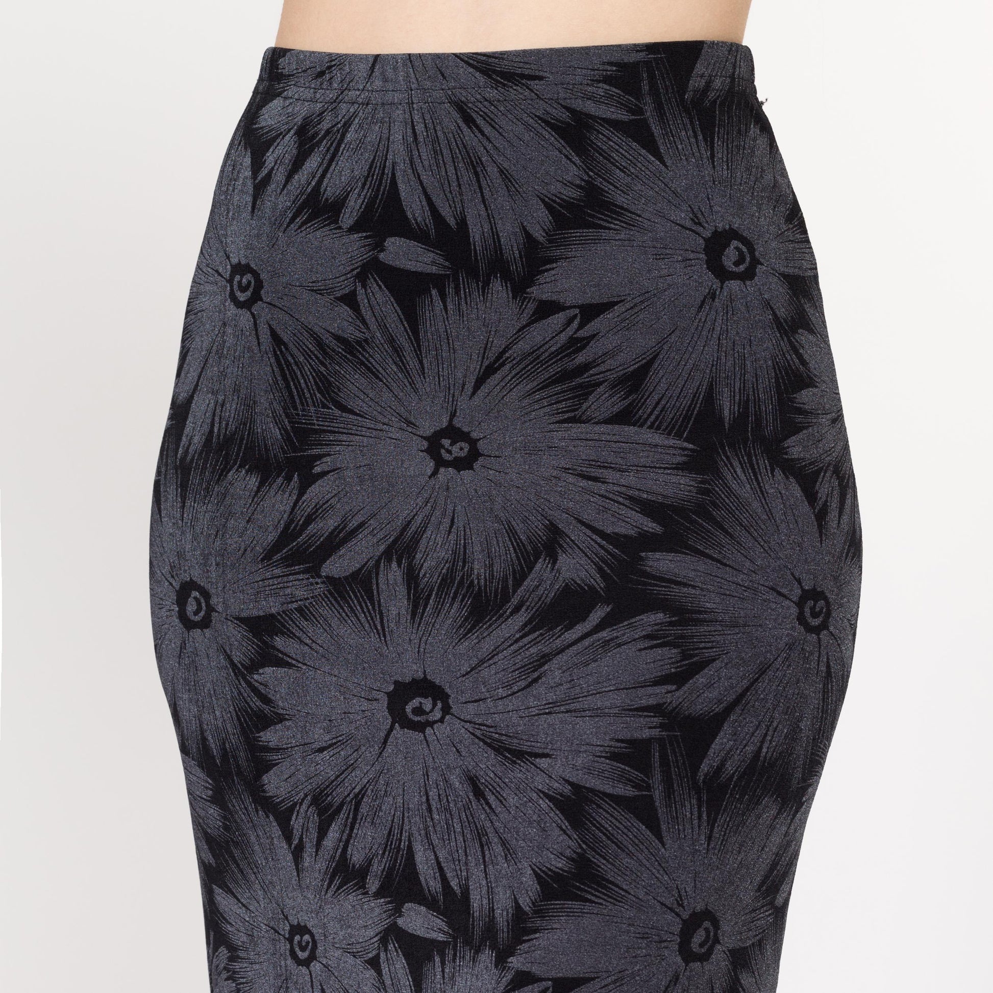 Small 90s Slinky Black & Grey Floral Midi Skirt | Vintage Grunge High Waisted Stretchy Ankle Length Skirt