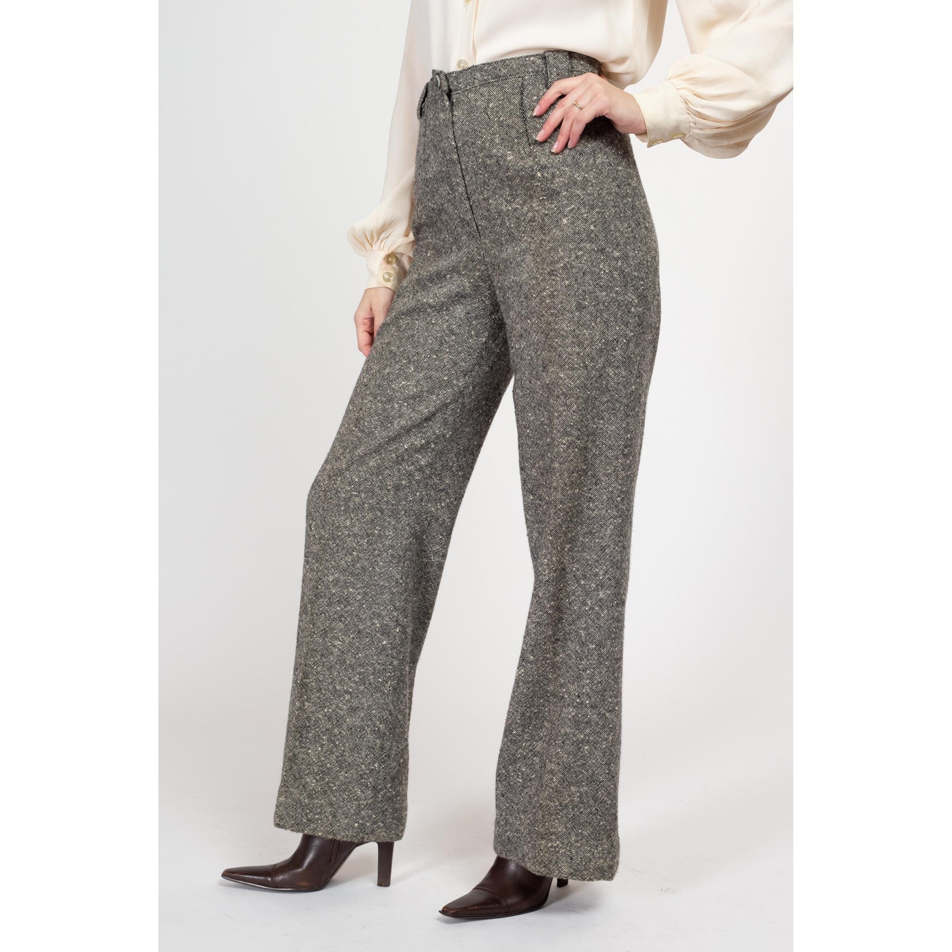 Medium 70s Salt & Pepper Wool Nep Pants 28" | Vintage High Waisted Bootcut Trousers