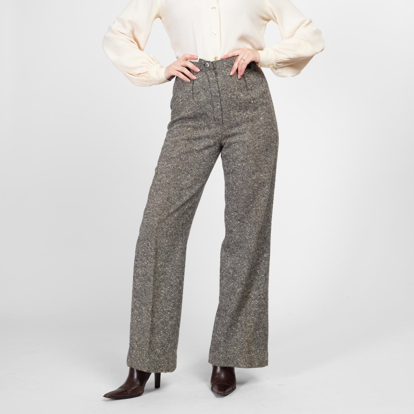 Medium 70s Salt & Pepper Wool Nep Pants 28" | Vintage High Waisted Bootcut Trousers