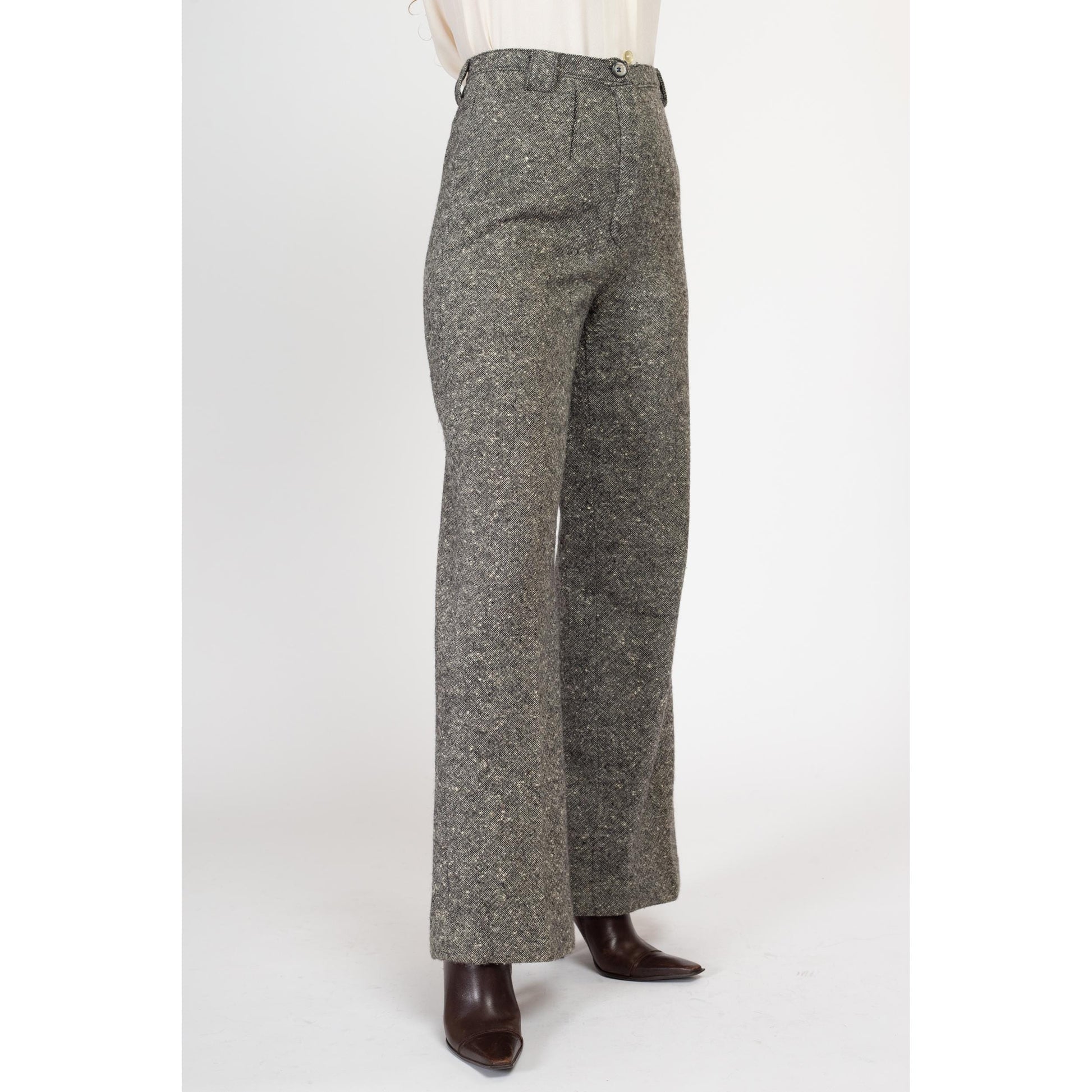 Medium 70s Salt & Pepper Wool Nep Pants 28" | Vintage High Waisted Bootcut Trousers