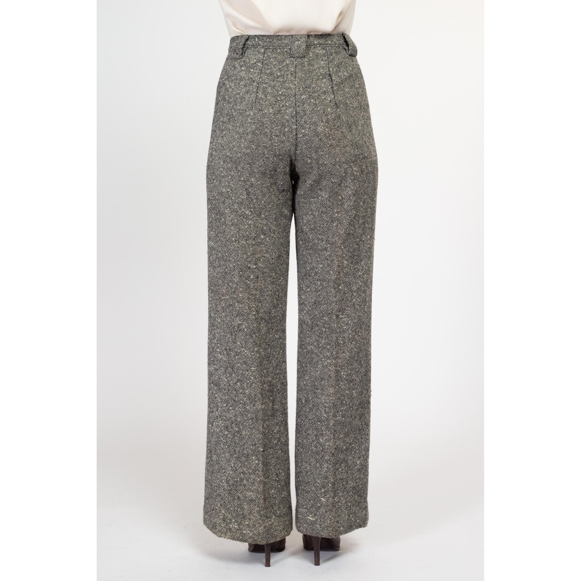 Medium 70s Salt & Pepper Wool Nep Pants 28" | Vintage High Waisted Bootcut Trousers