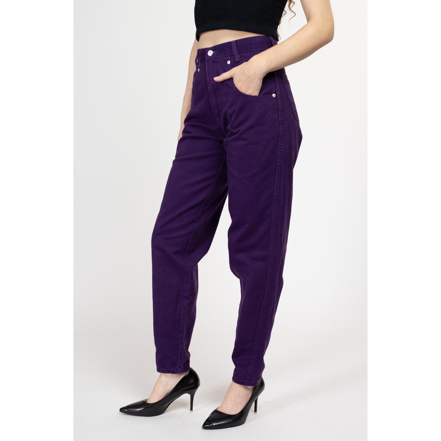 Small 90s Dark Purple High Waisted Jeans 27" Long | Vintage Denim Tall Tapered Leg Mom Jeans