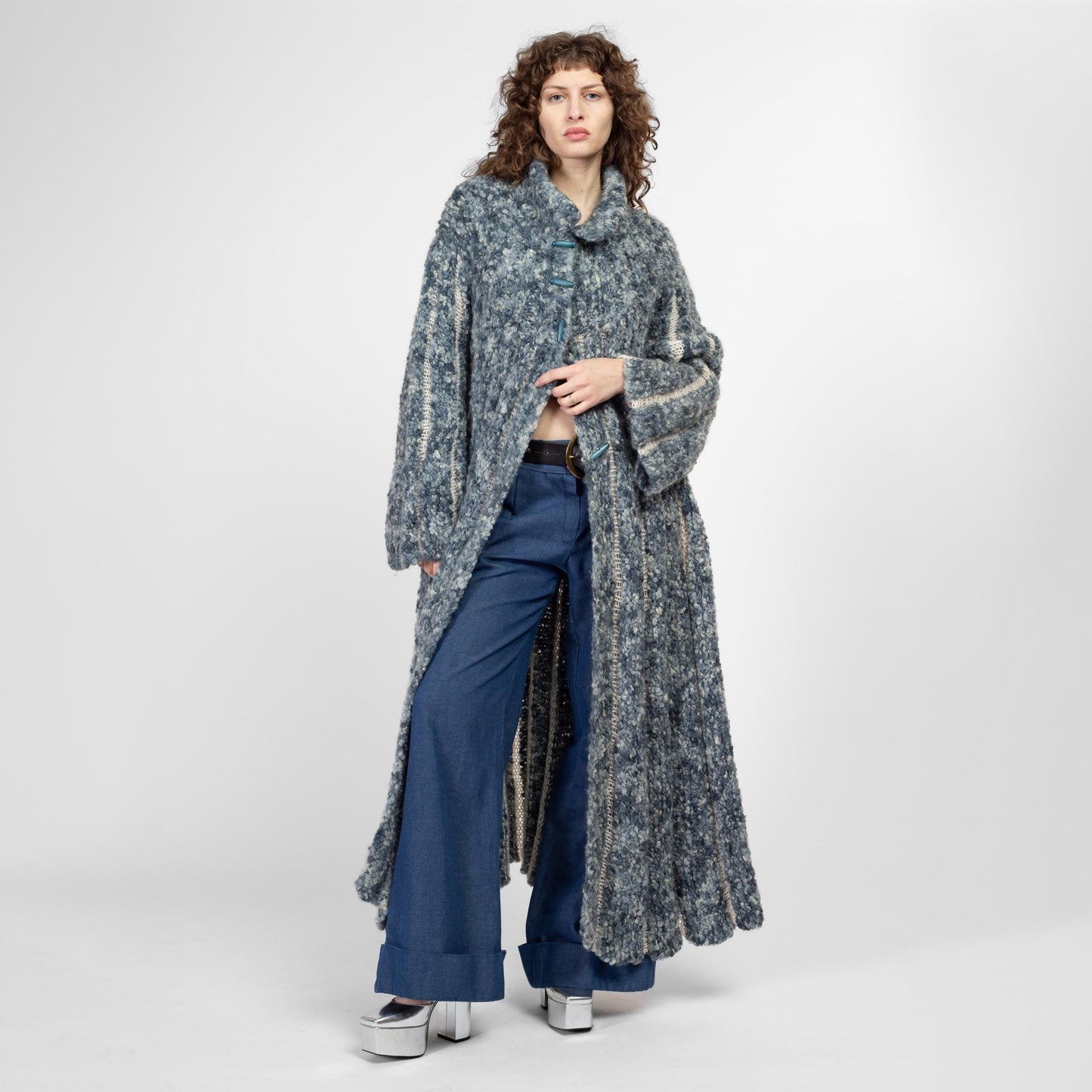 Large Vintage Blue Marled Knit Maxi Cardigan Coat | Boho Long Wool Sweater Winter Swing Jacket