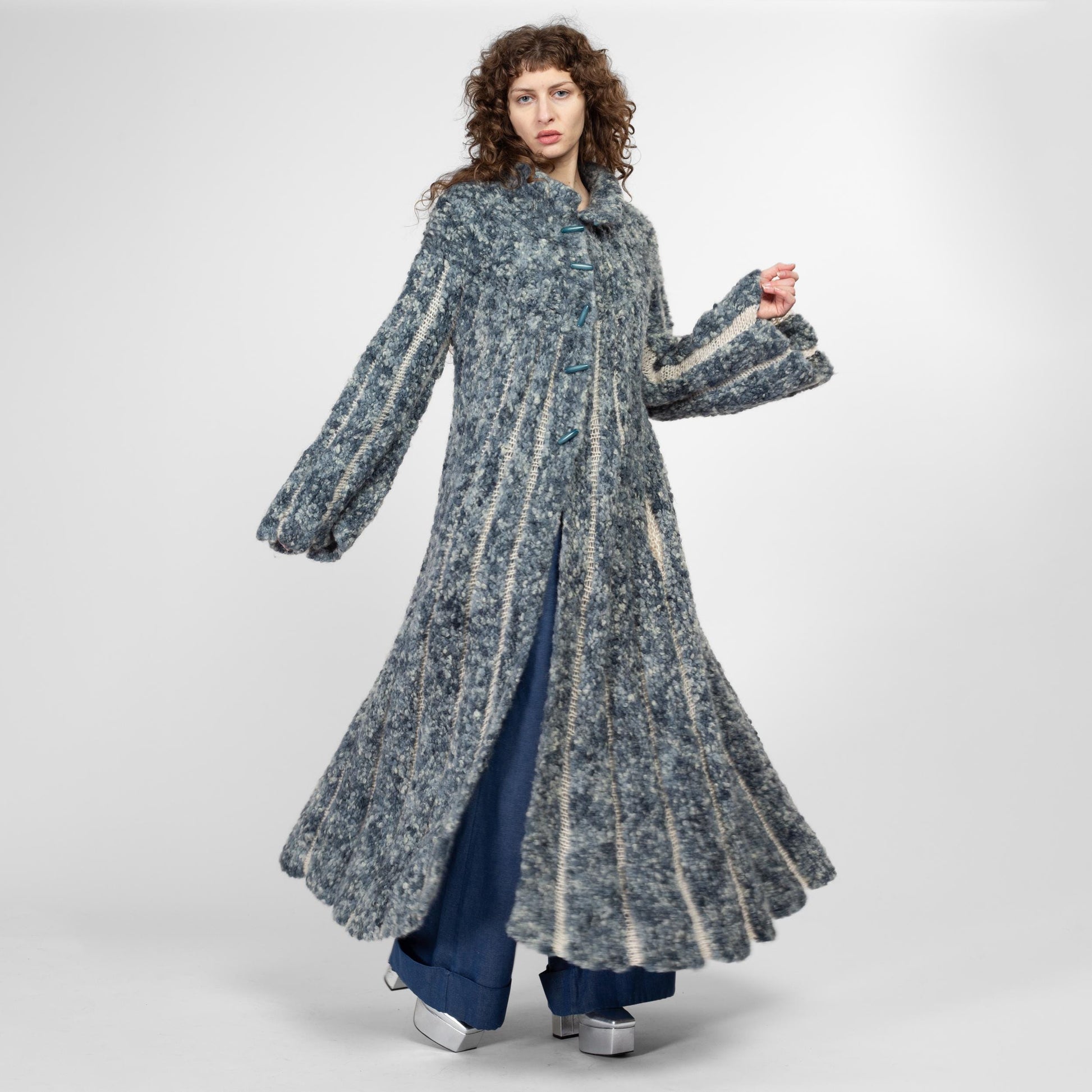 Large Vintage Blue Marled Knit Maxi Cardigan Coat | Boho Long Wool Sweater Winter Swing Jacket