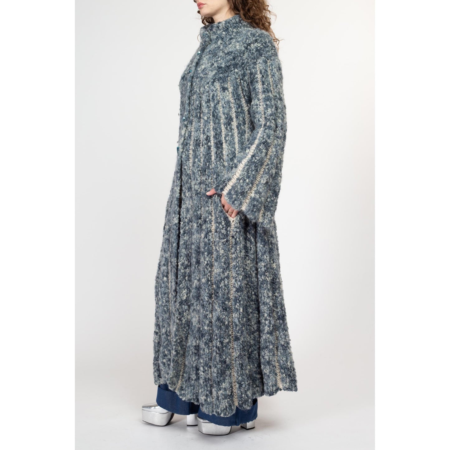 Large Vintage Blue Marled Knit Maxi Cardigan Coat | Boho Long Wool Sweater Winter Swing Jacket