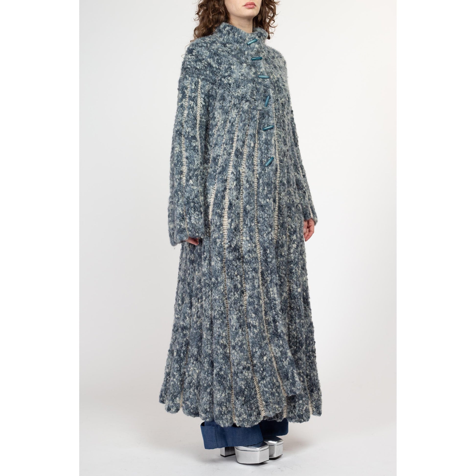 Large Vintage Blue Marled Knit Maxi Cardigan Coat | Boho Long Wool Sweater Winter Swing Jacket