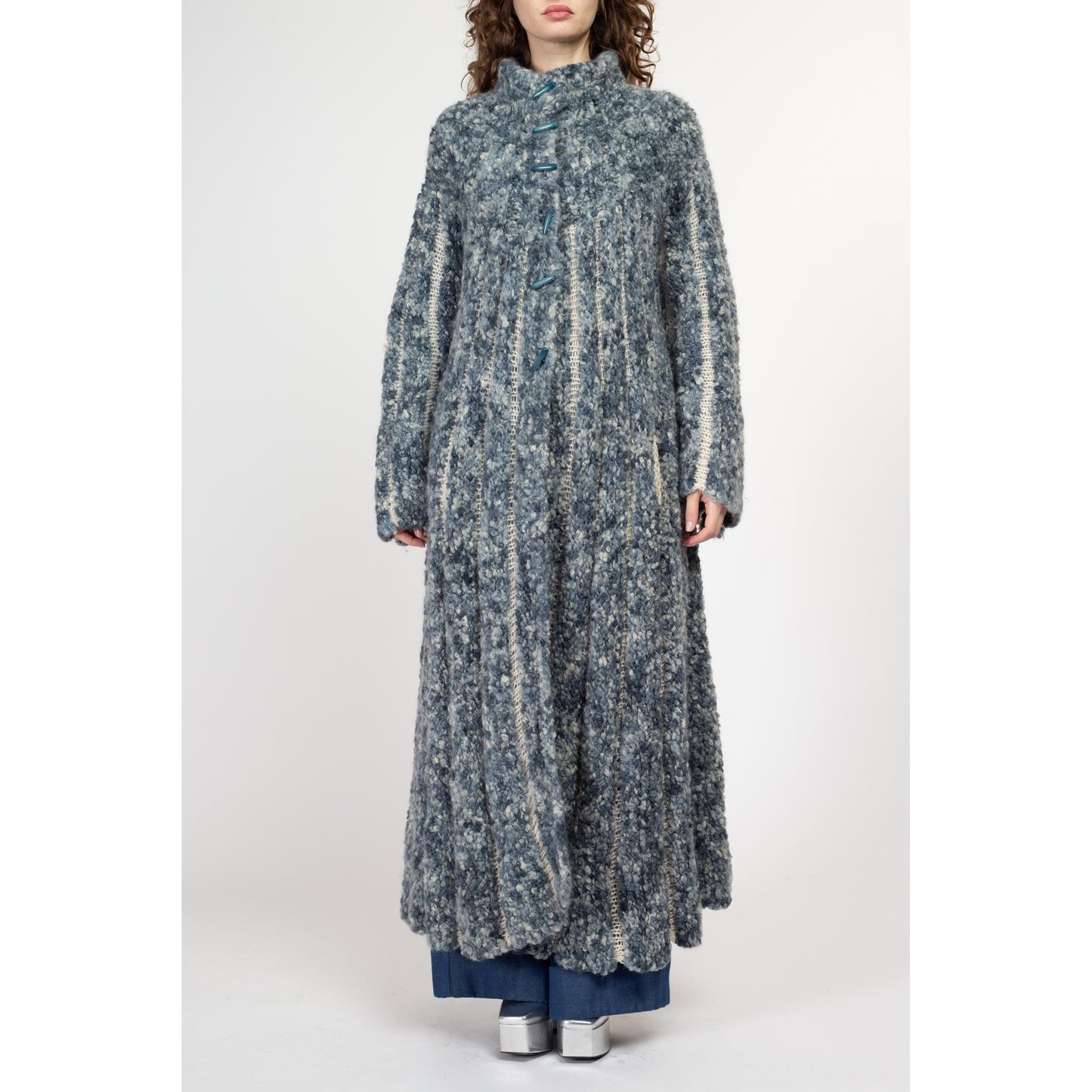 Large Vintage Blue Marled Knit Maxi Cardigan Coat | Boho Long Wool Sweater Winter Swing Jacket