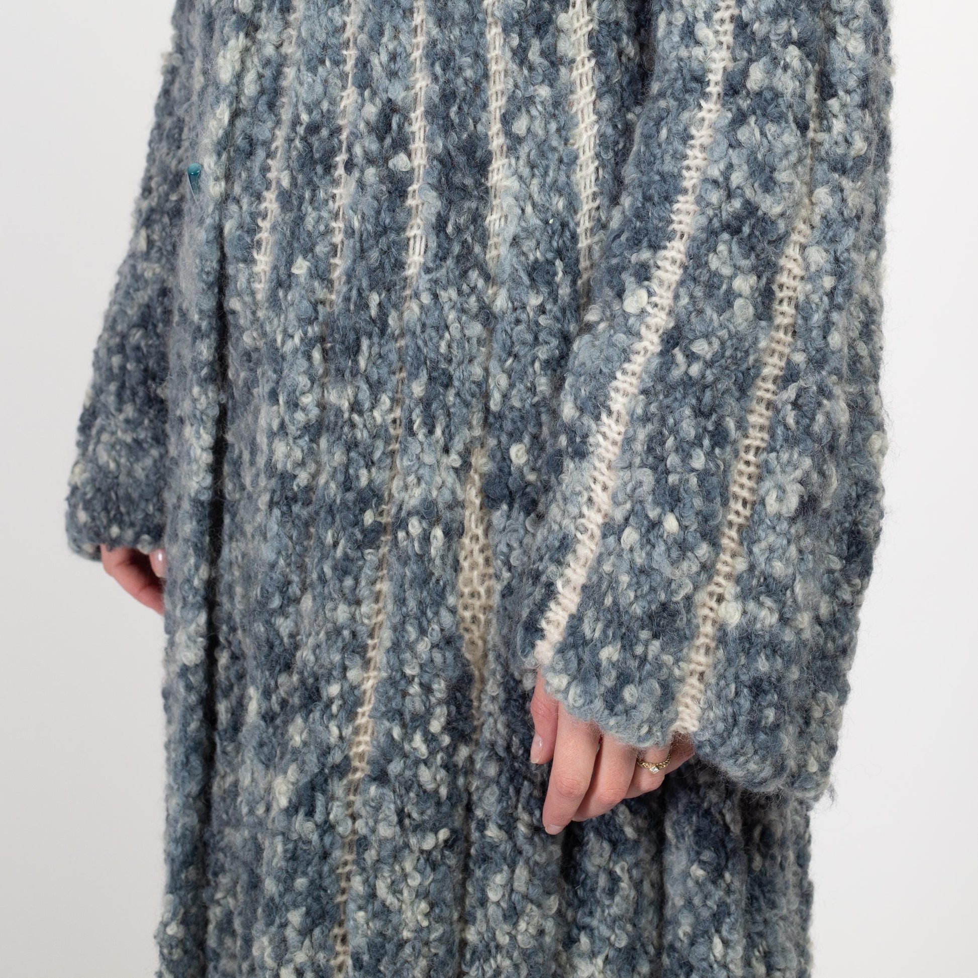 Large Vintage Blue Marled Knit Maxi Cardigan Coat | Boho Long Wool Sweater Winter Swing Jacket