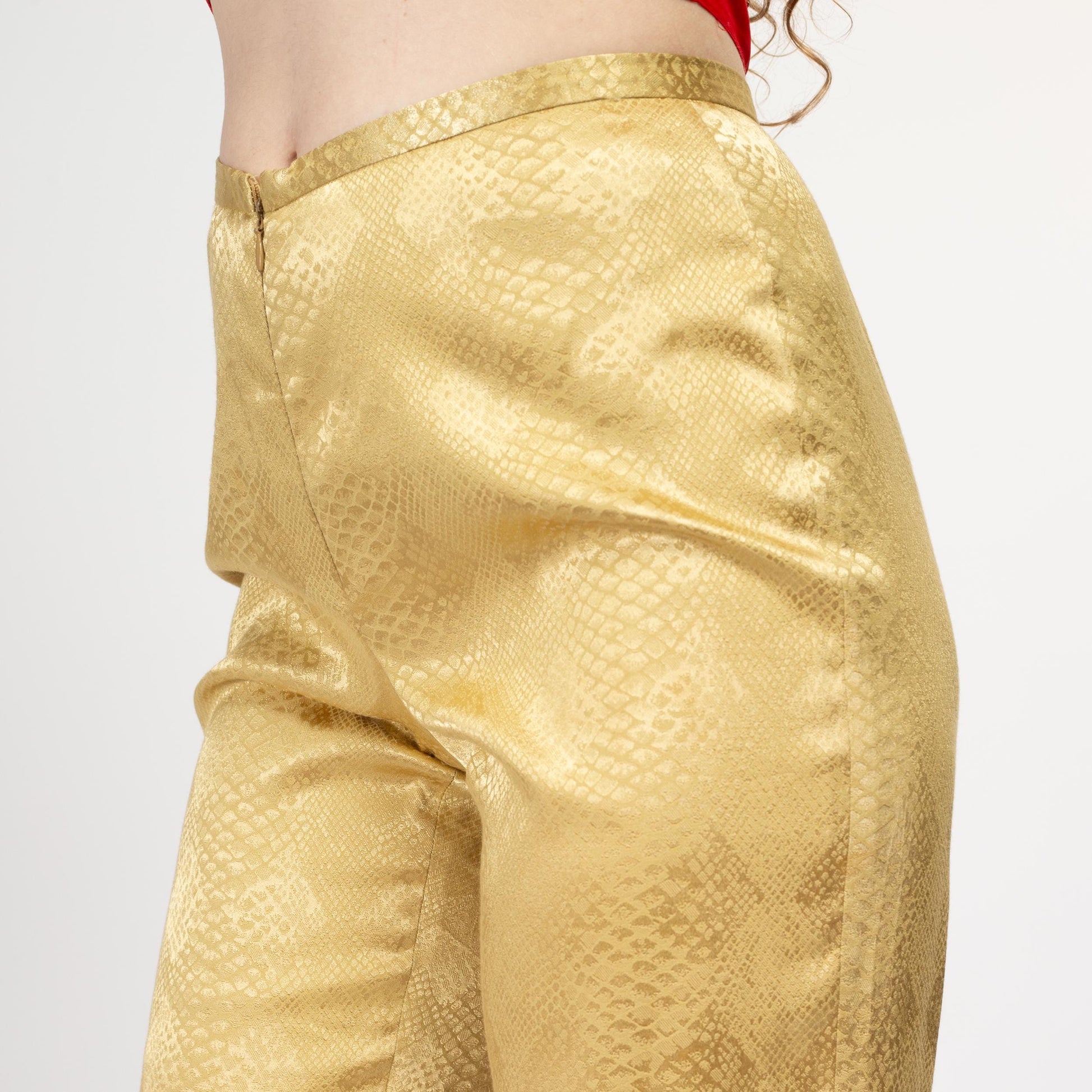 Small 80s Cache Gold Snakeskin Pants Size 6 | Vintage Mid High Rise Boho Glam Diamond Print Trousers