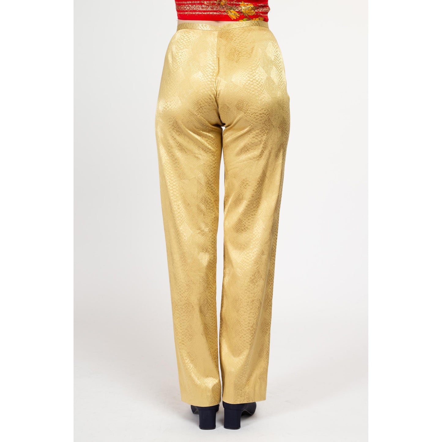 Small 80s Cache Gold Snakeskin Pants Size 6 | Vintage Mid High Rise Boho Glam Diamond Print Trousers