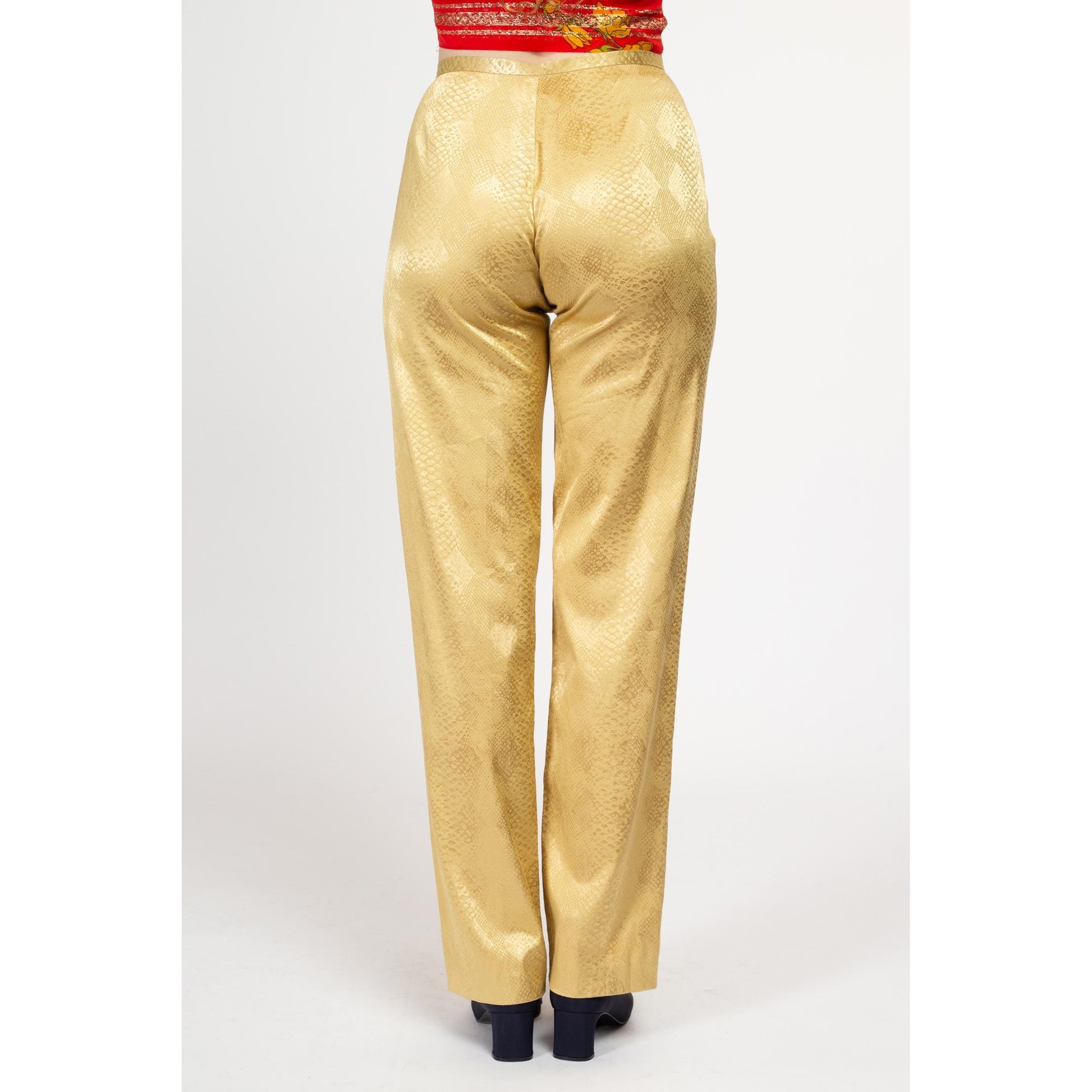 Small 80s Cache Gold Snakeskin Pants Size 6 | Vintage Mid High Rise Boho Glam Diamond Print Trousers