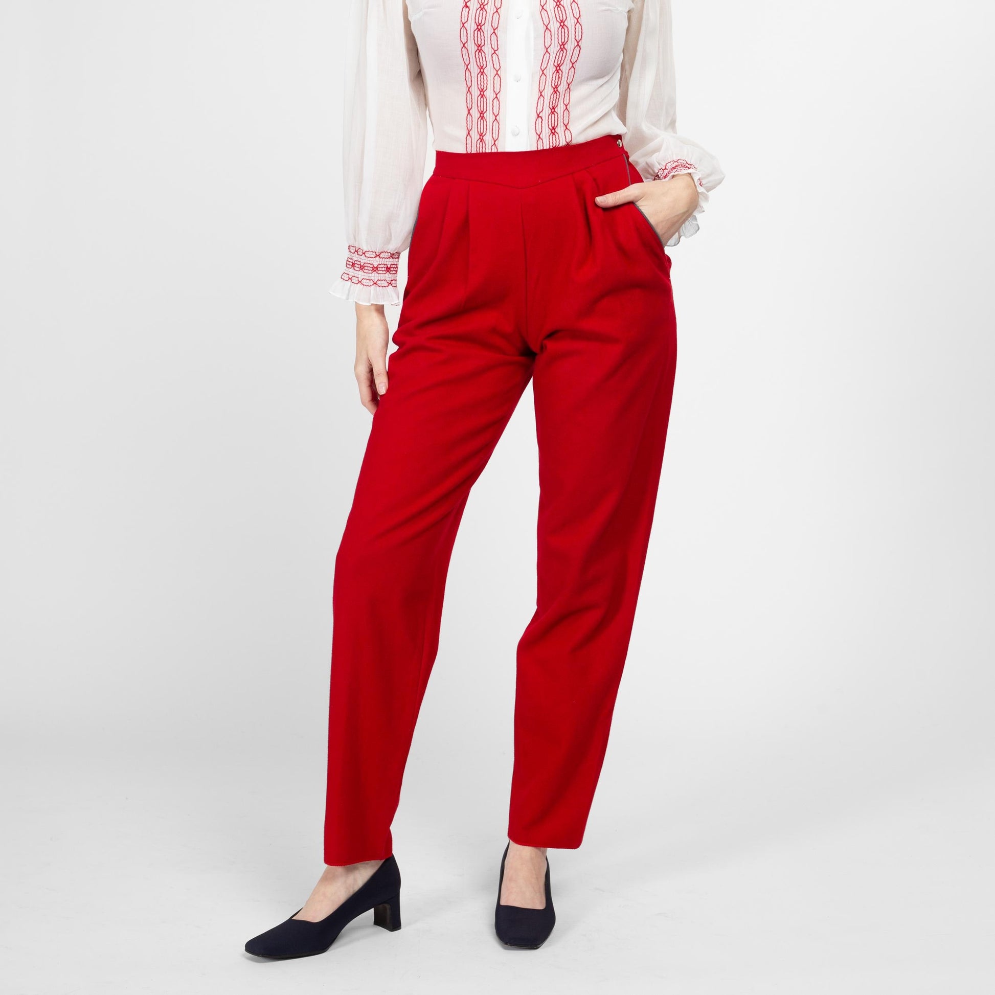 Small 80s Red Wool Trousers 26" Petite | Vintage High Waisted Pleated Tapered Leg Pants