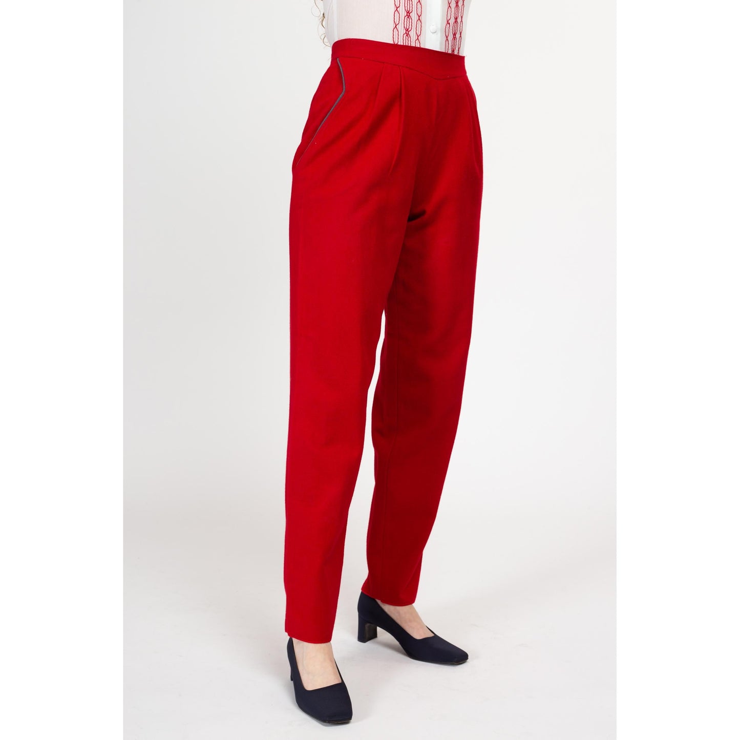 Small 80s Red Wool Trousers 26" Petite | Vintage High Waisted Pleated Tapered Leg Pants