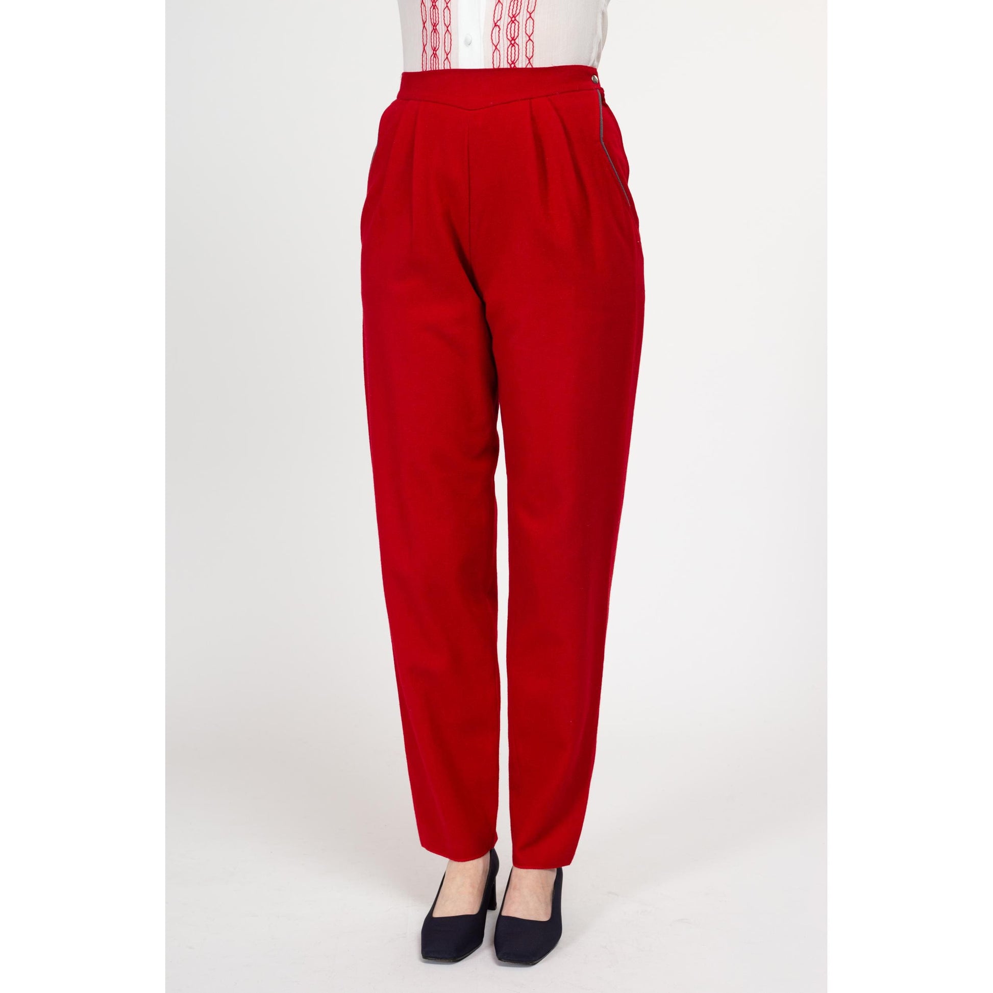 Small 80s Red Wool Trousers 26" Petite | Vintage High Waisted Pleated Tapered Leg Pants