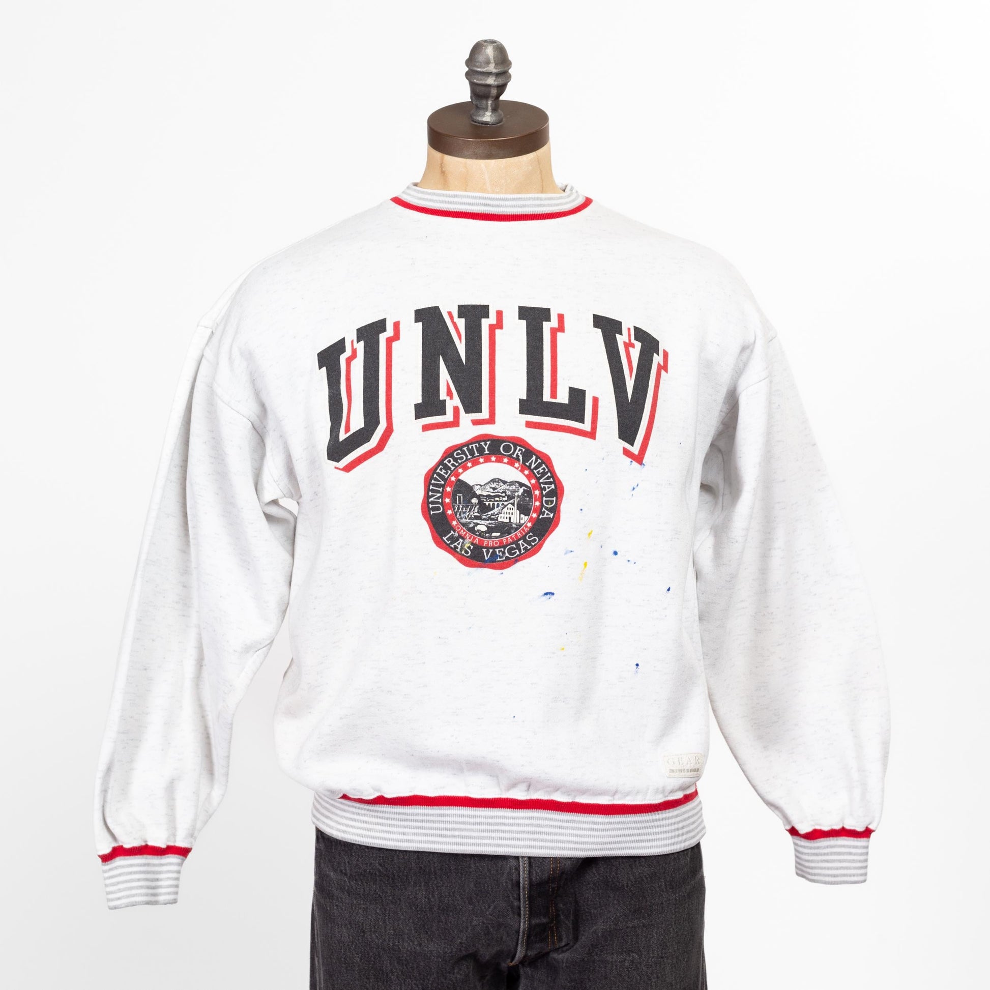 Medium 80s University Of Nevada Las Vegas Ringer Sweatshirt | Vintage Paint Splattered Collegiate Graphic Crewneck Sweater