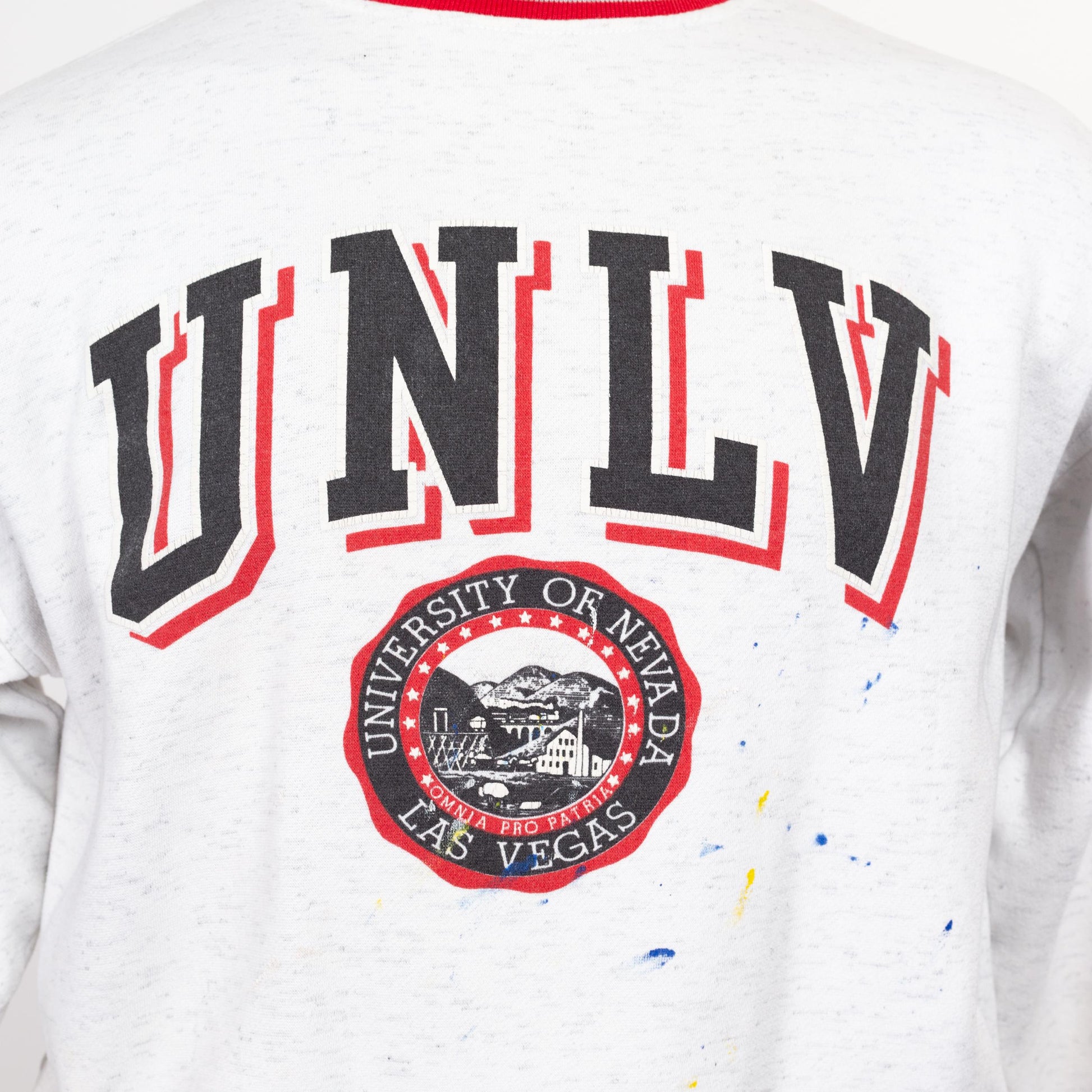 Medium 80s University Of Nevada Las Vegas Ringer Sweatshirt | Vintage Paint Splattered Collegiate Graphic Crewneck Sweater