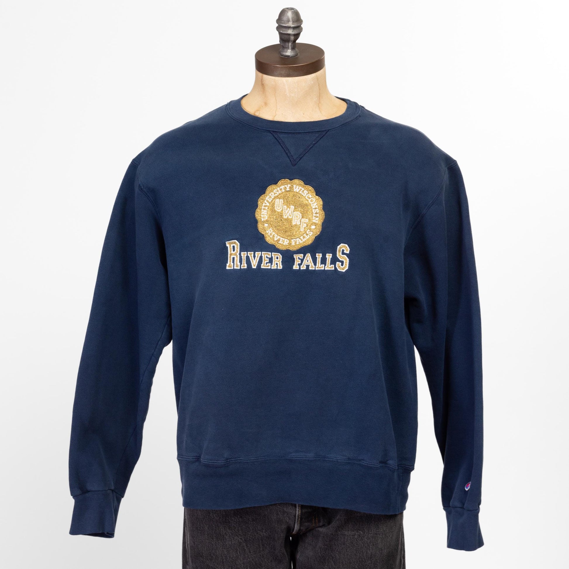 XL 90s University Of Wisconsin River Falls Champion Sweatshirt | Vintage Navy Blue V Stitch Crewneck Pullover Sweater