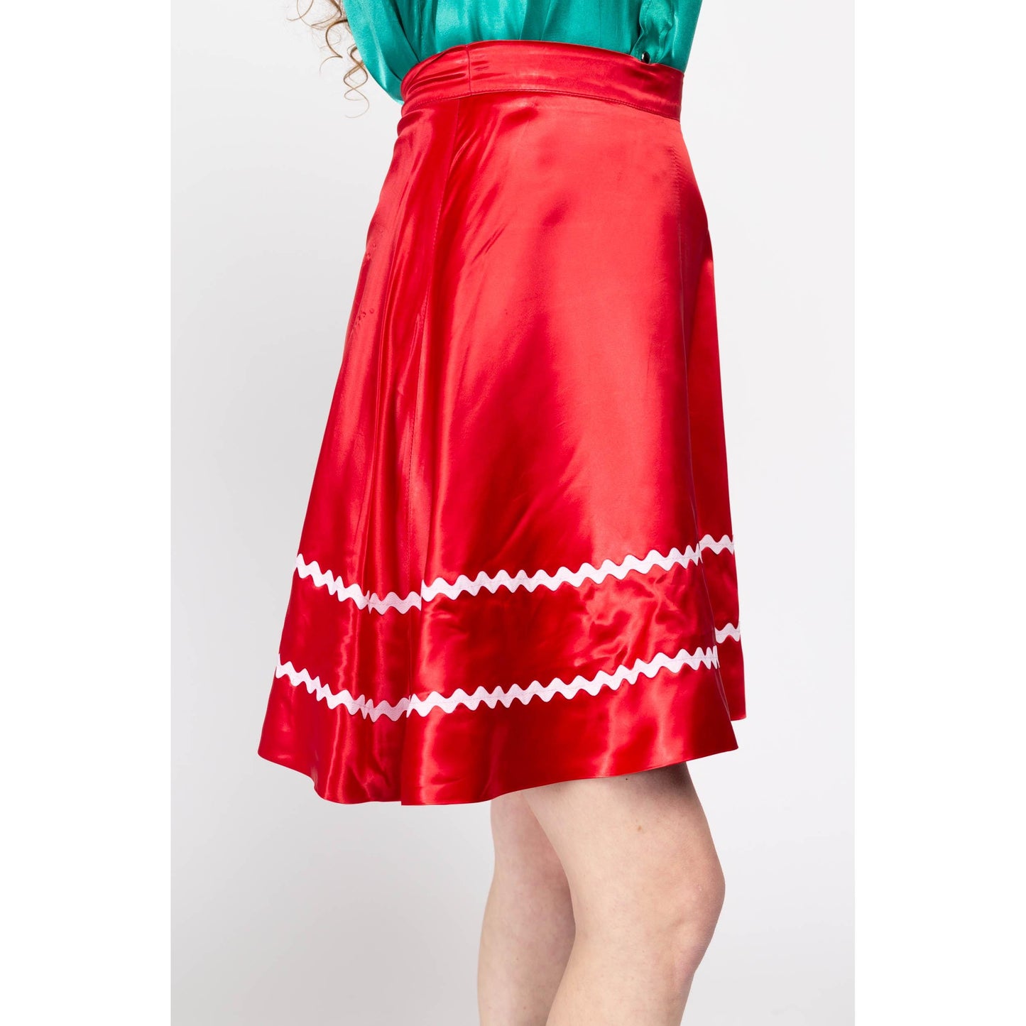 Small 70s Red Satin Square Dance Skirt 26.5" | Vintage Rockabilly Ric Rac Trim High Waisted Half Circle Skirt