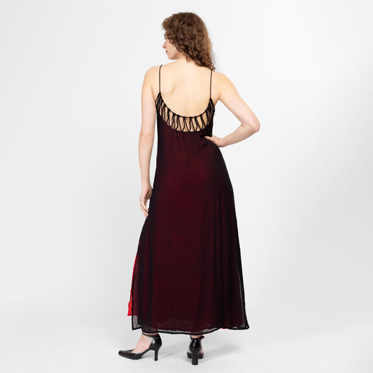 Medium 90s Black & Red Cage Back Evening Gown | Vintage Spaghetti Strap Bias Cut Low Back Formal Party Dress