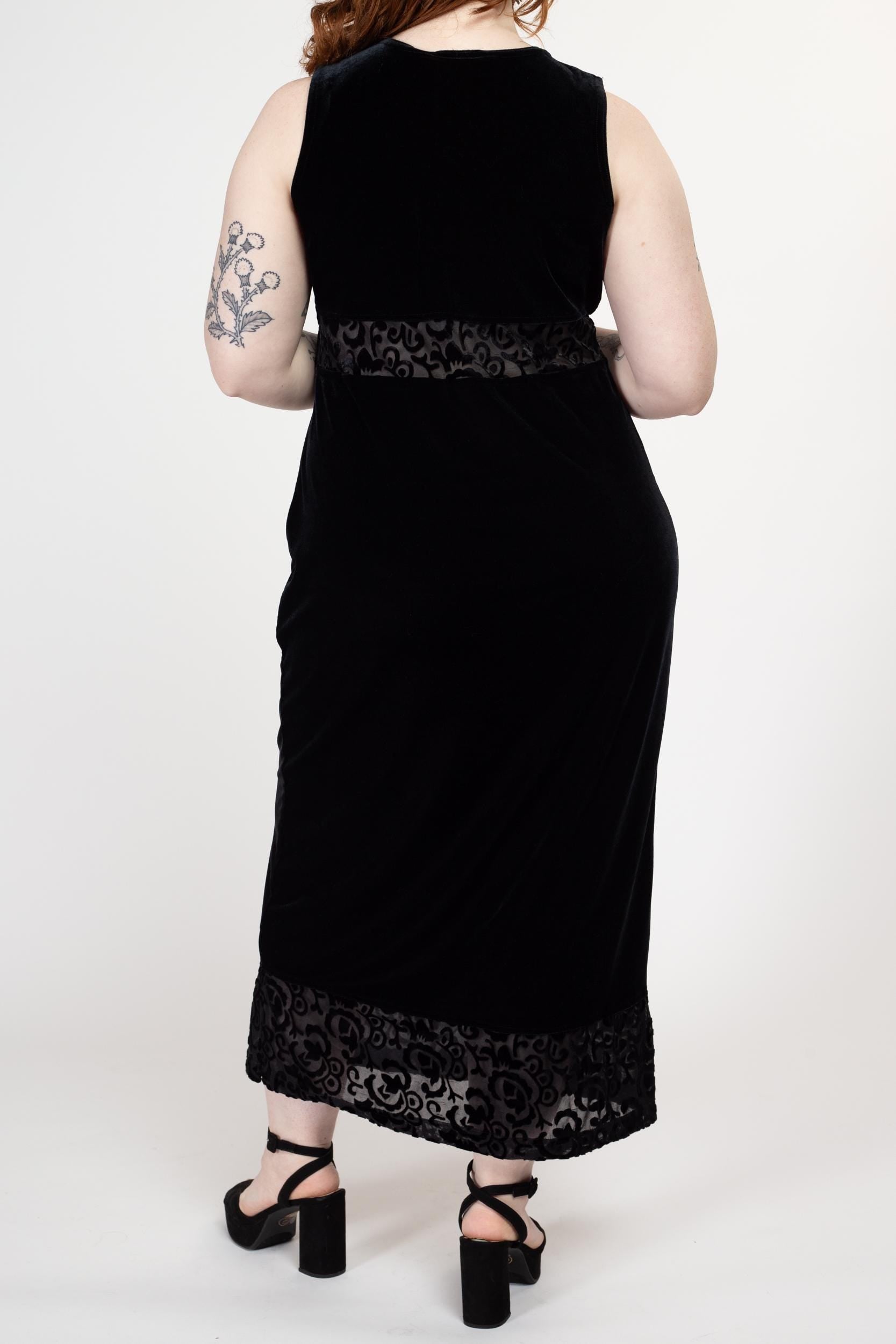 Petite Large 90s Black Velvet Sheer Waist Maxi Dress | Vintage Sleeveless Slinky Cocktail Dress