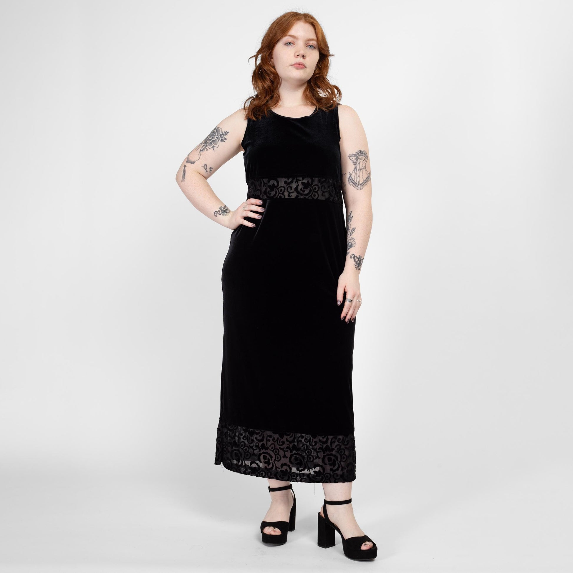 Petite Large 90s Black Velvet Sheer Waist Maxi Dress | Vintage Sleeveless Slinky Cocktail Dress